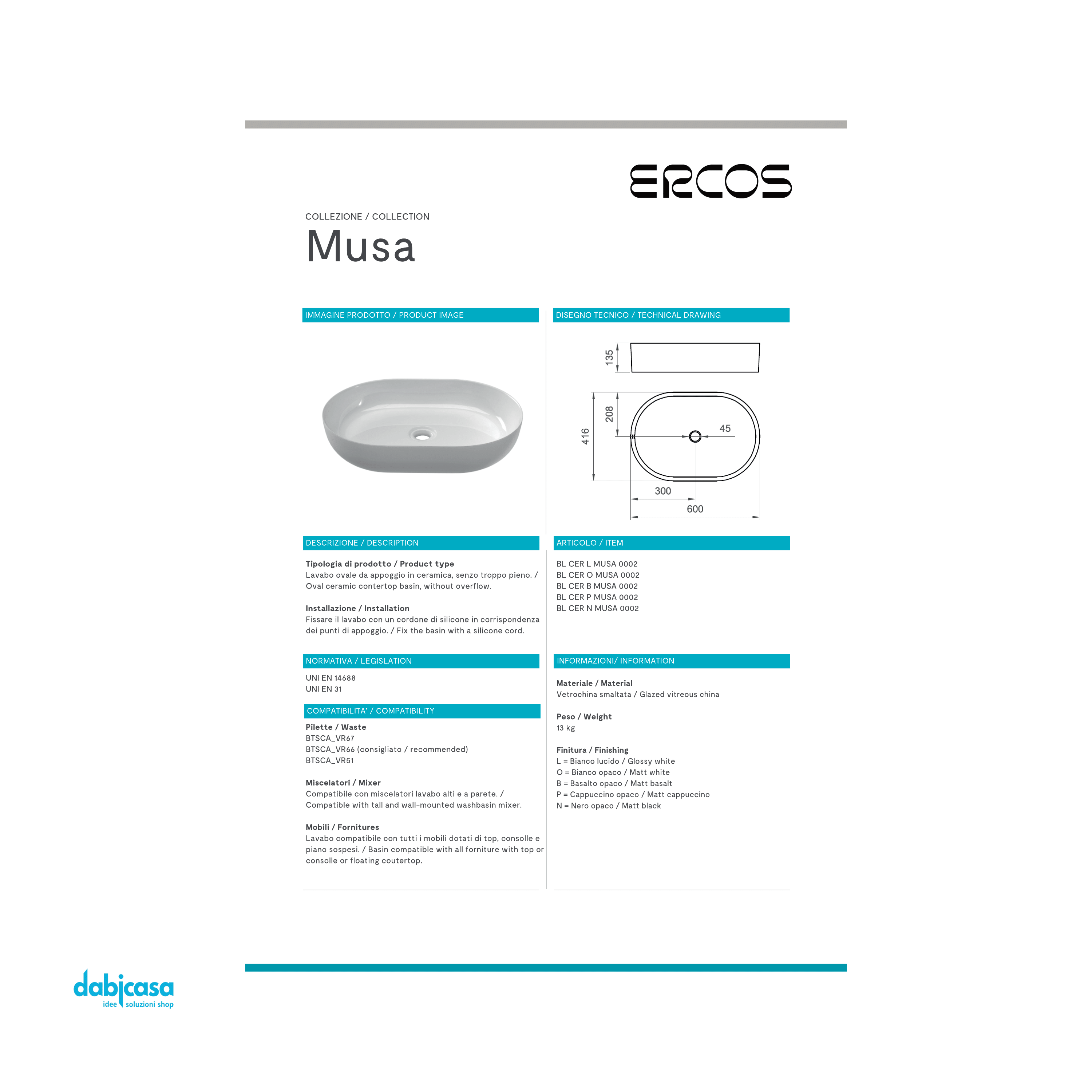 Lavabo "Musa" Da Appoggio Ovale In Ceramica Bianco Opaco 60X 41,5 H13