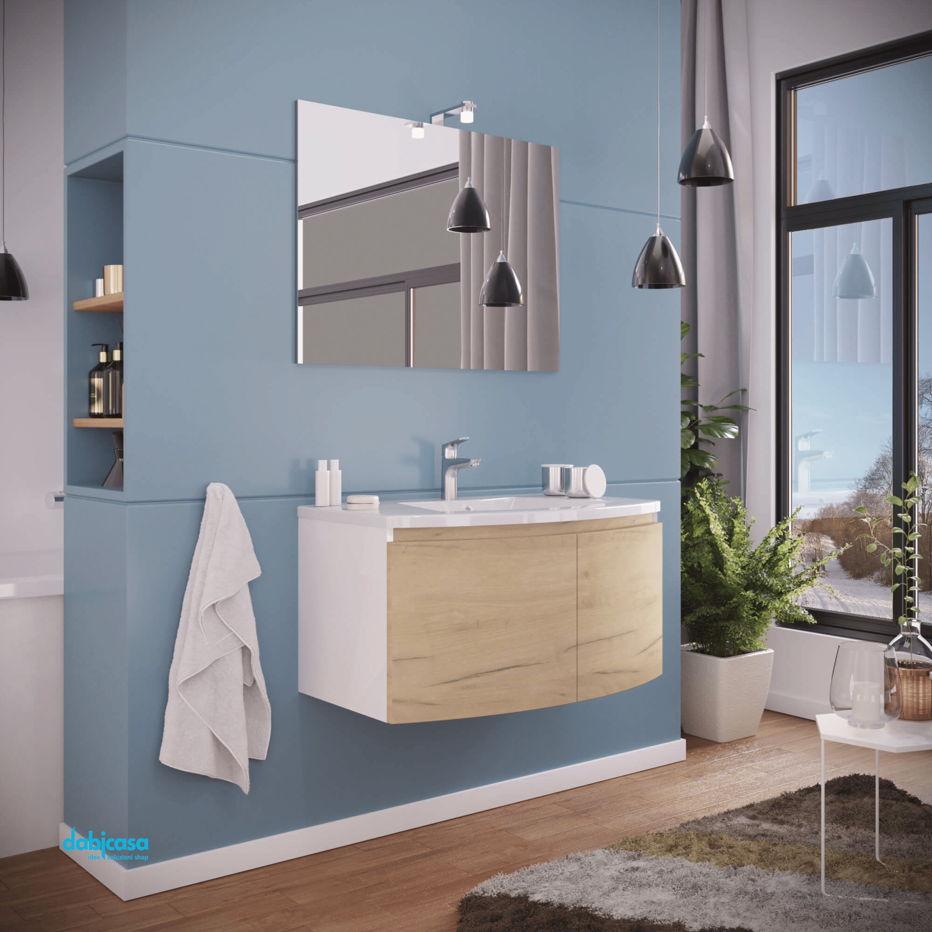 Mobile Bagno Sospeso "Giulia" Da 80 Cm Composto Da Due Ante Lavabo E Specchio Con Lampada Led Finitura Bianco Lucido/Rovere Oro