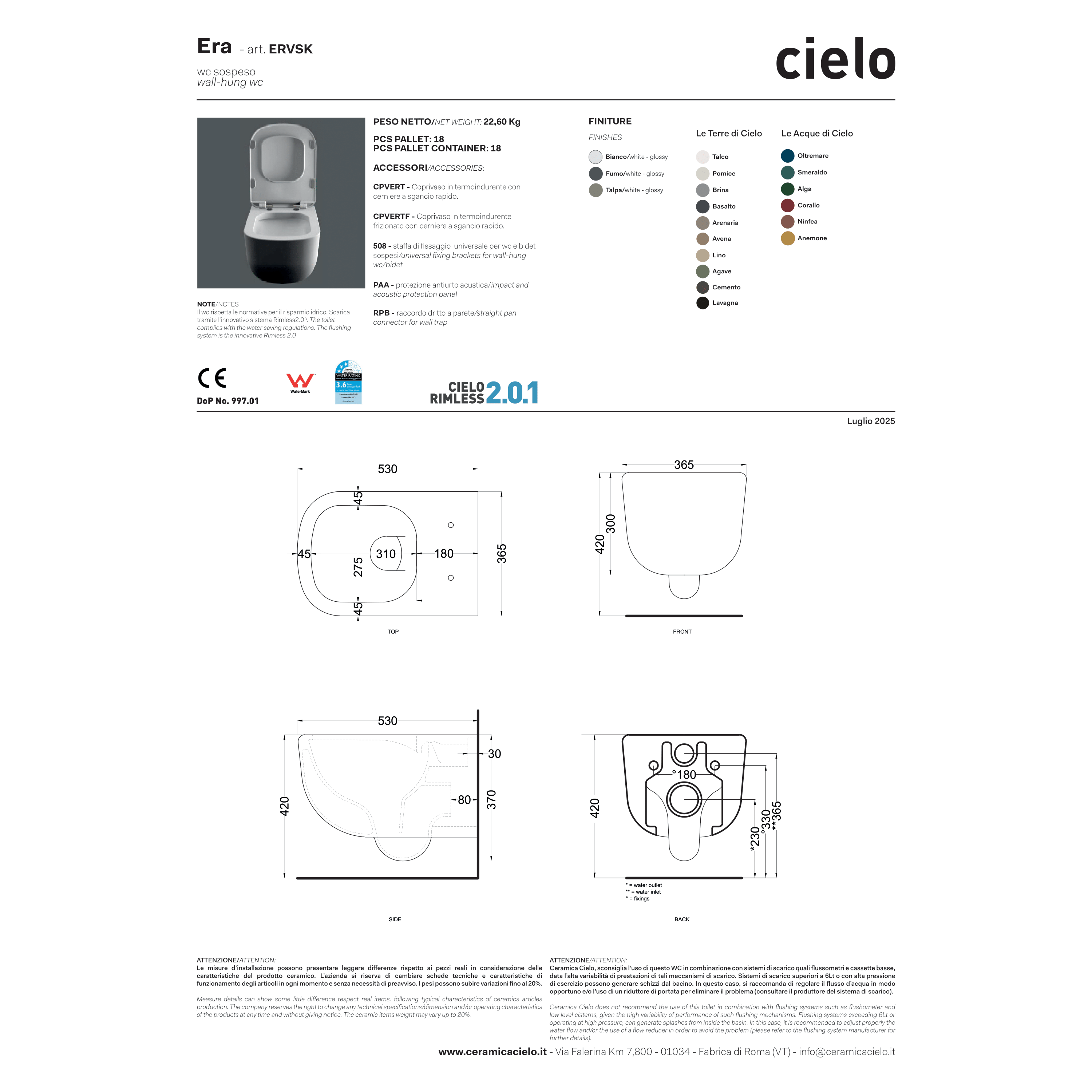 Wc Sospeso Senza Brida Ceramica Cielo "Era" Bianco Lucido