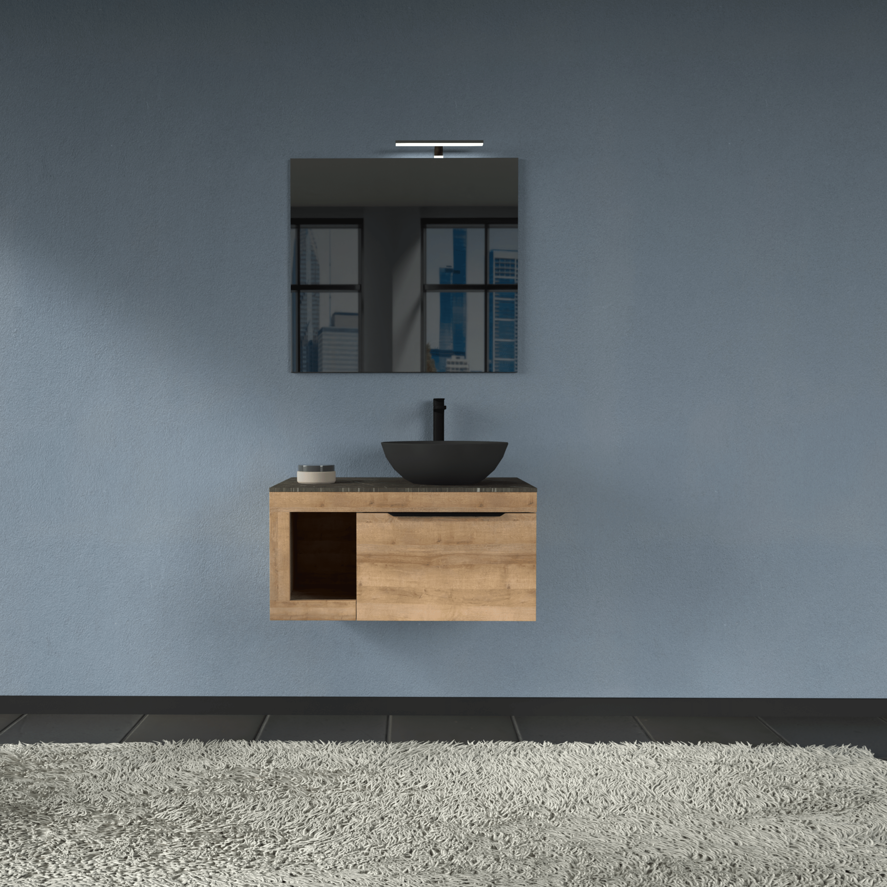 Mobile Bagno Sospeso 80 Cm Un Cassetto Con Vano a Giorno Specchio Con Lampada Led 70x80 Cm AdattoCasa "Lido" Rovere Farnia/Grigio Italia