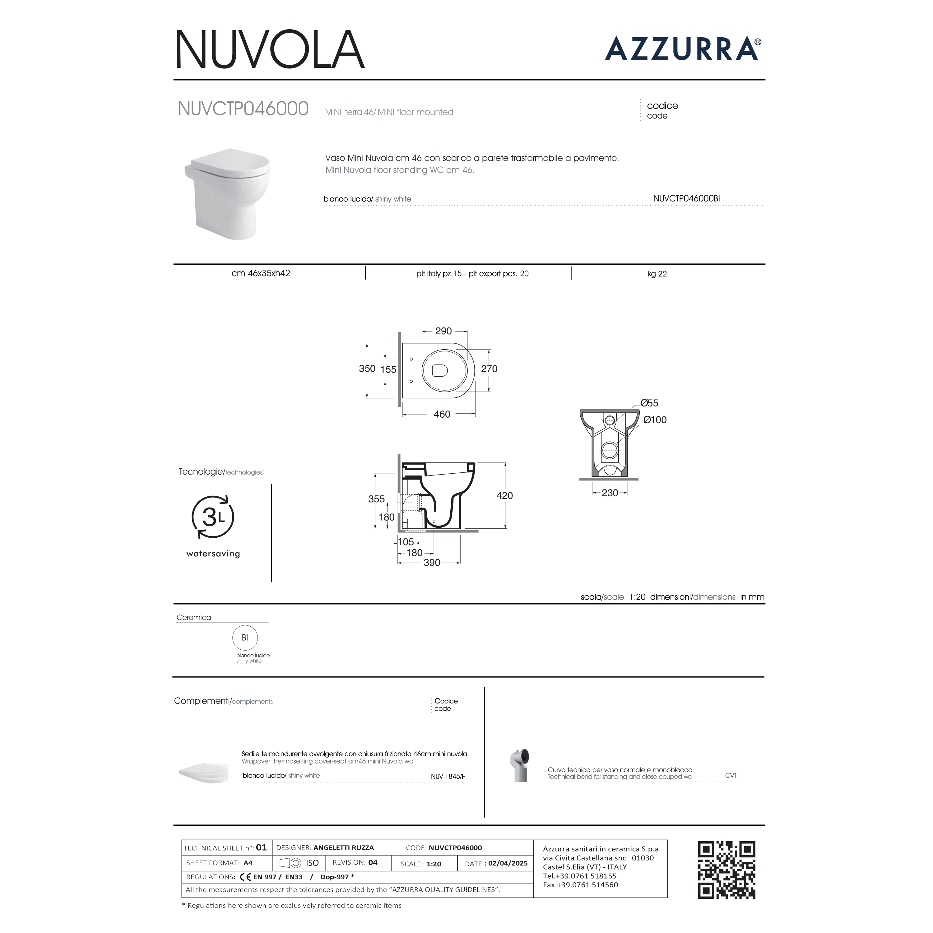 Wc a Terra Azzurra Ceramica "Mini Nuvola" Bianco Lucido