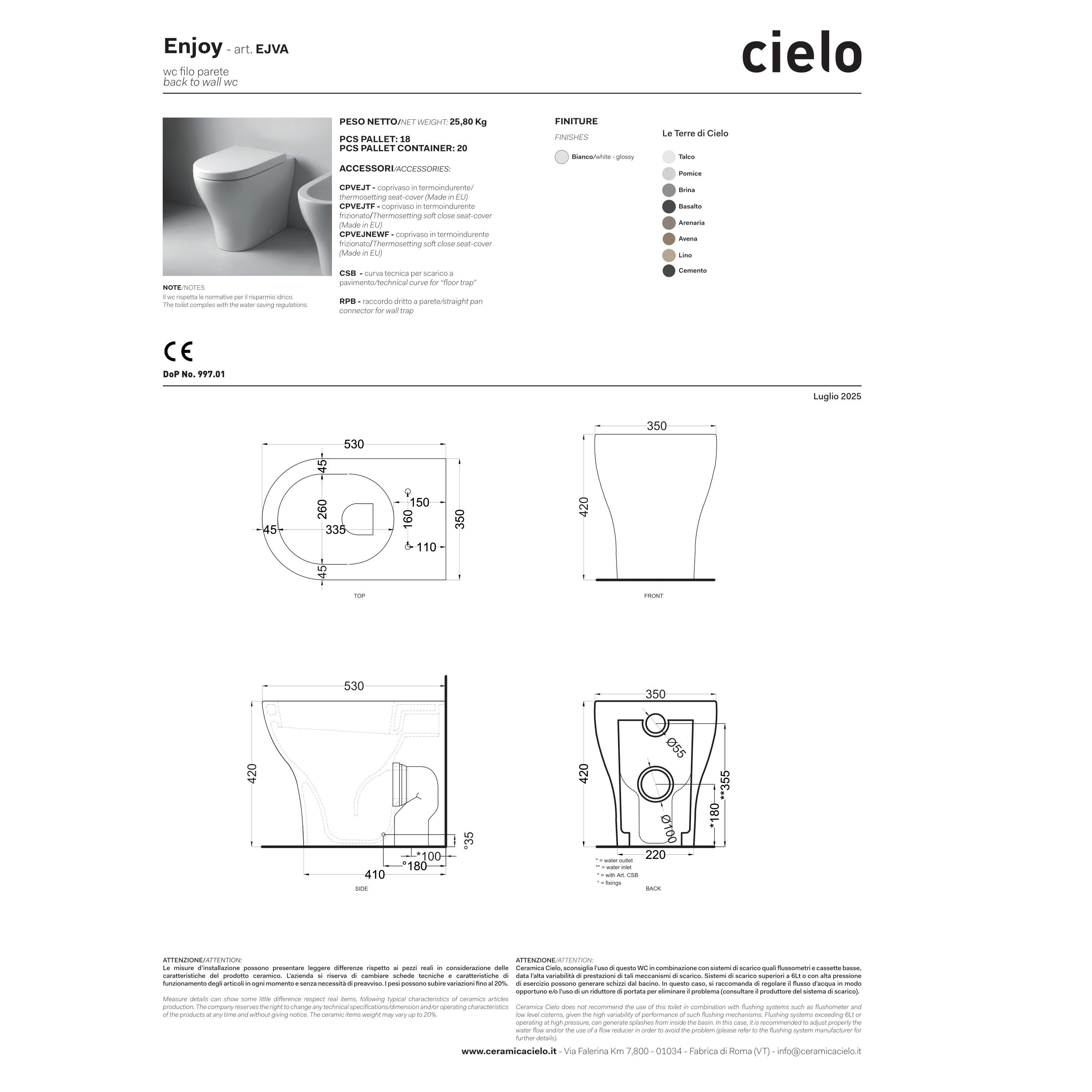 Wc a Terra Ceramica Cielo "Enjoy 53" Bianco Lucido