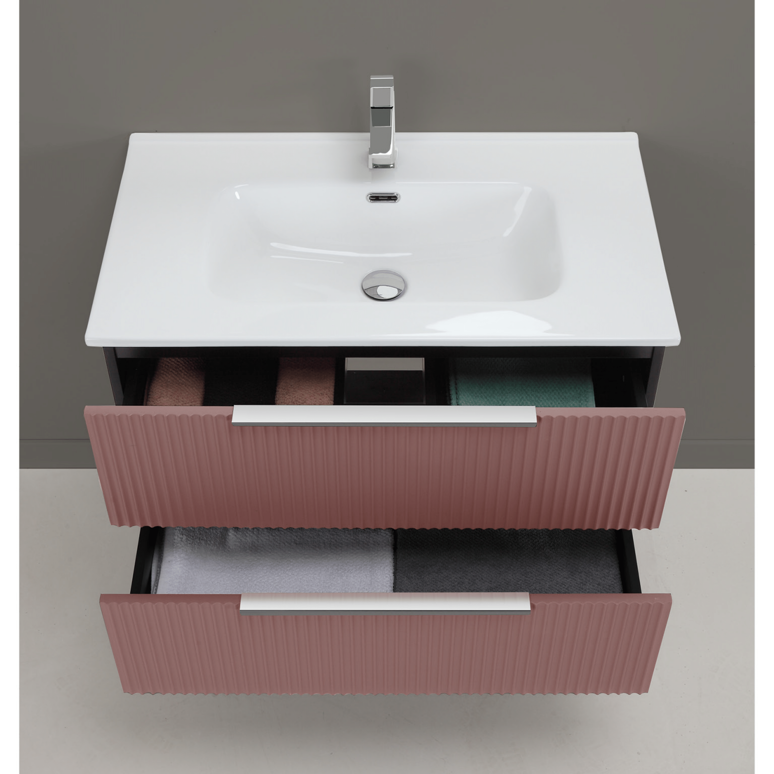 Mobile Bagno Sospeso Cannettato 100 Cm Due Cassetti Specchio Filo Diam.80 Cm Feridras "Burano" Rosa