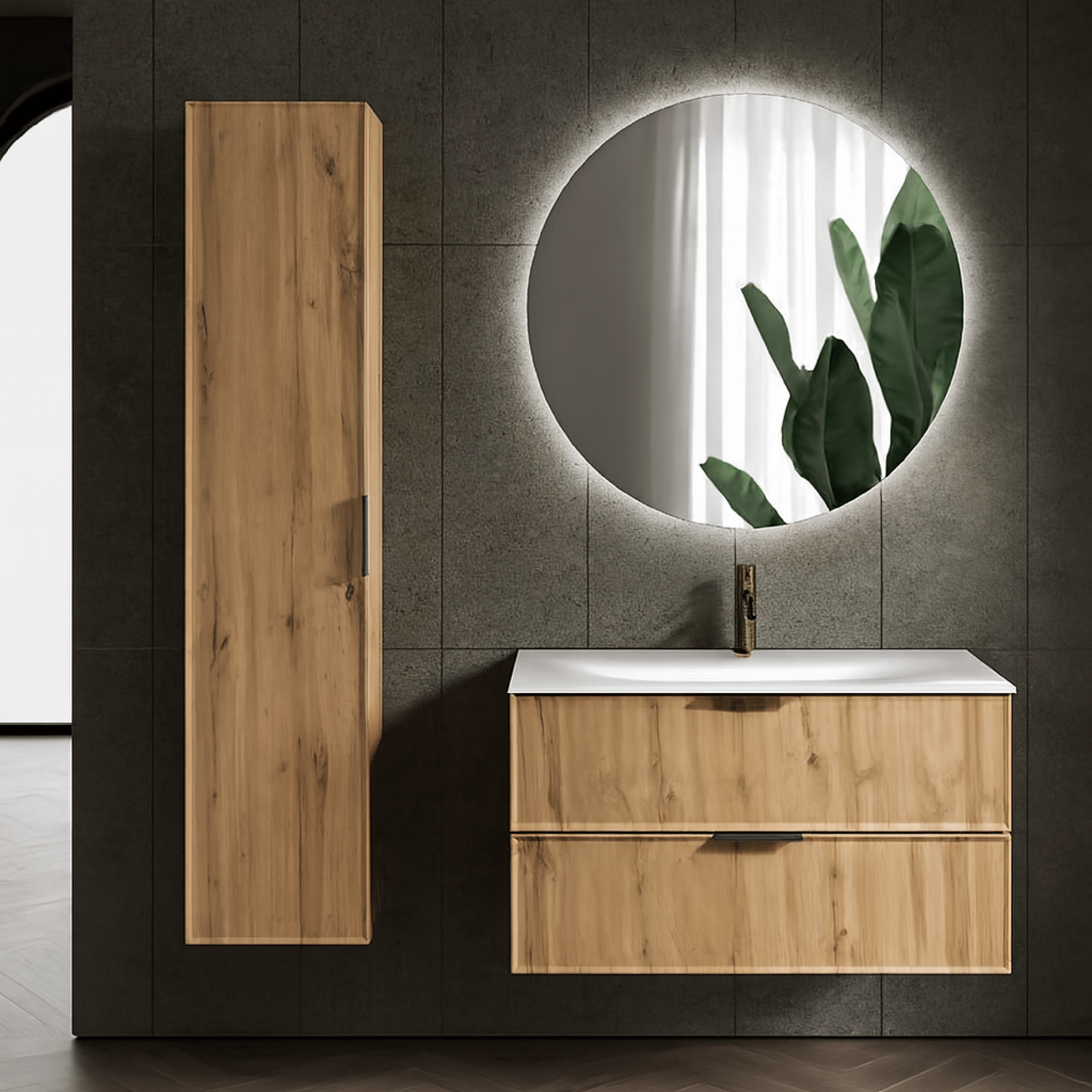 Mobile Bagno Sospeso 80 Cm Due Cassetti Specchio Retroilluminato Diam.60 Cm ItalBagno "Venus VE50"