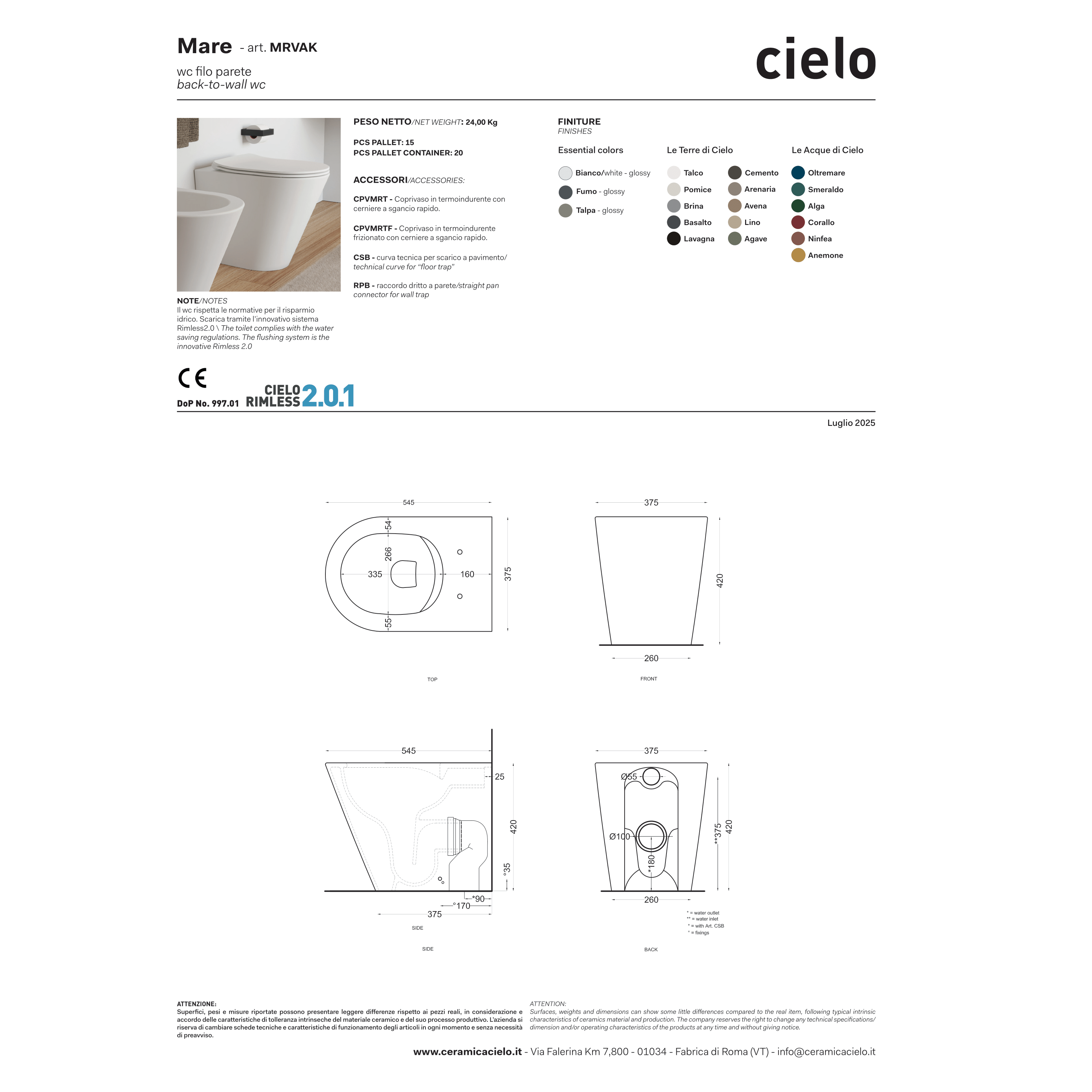 Wc a Terra Senza Brida Ceramica Cielo "Mare" Bianco Lucido