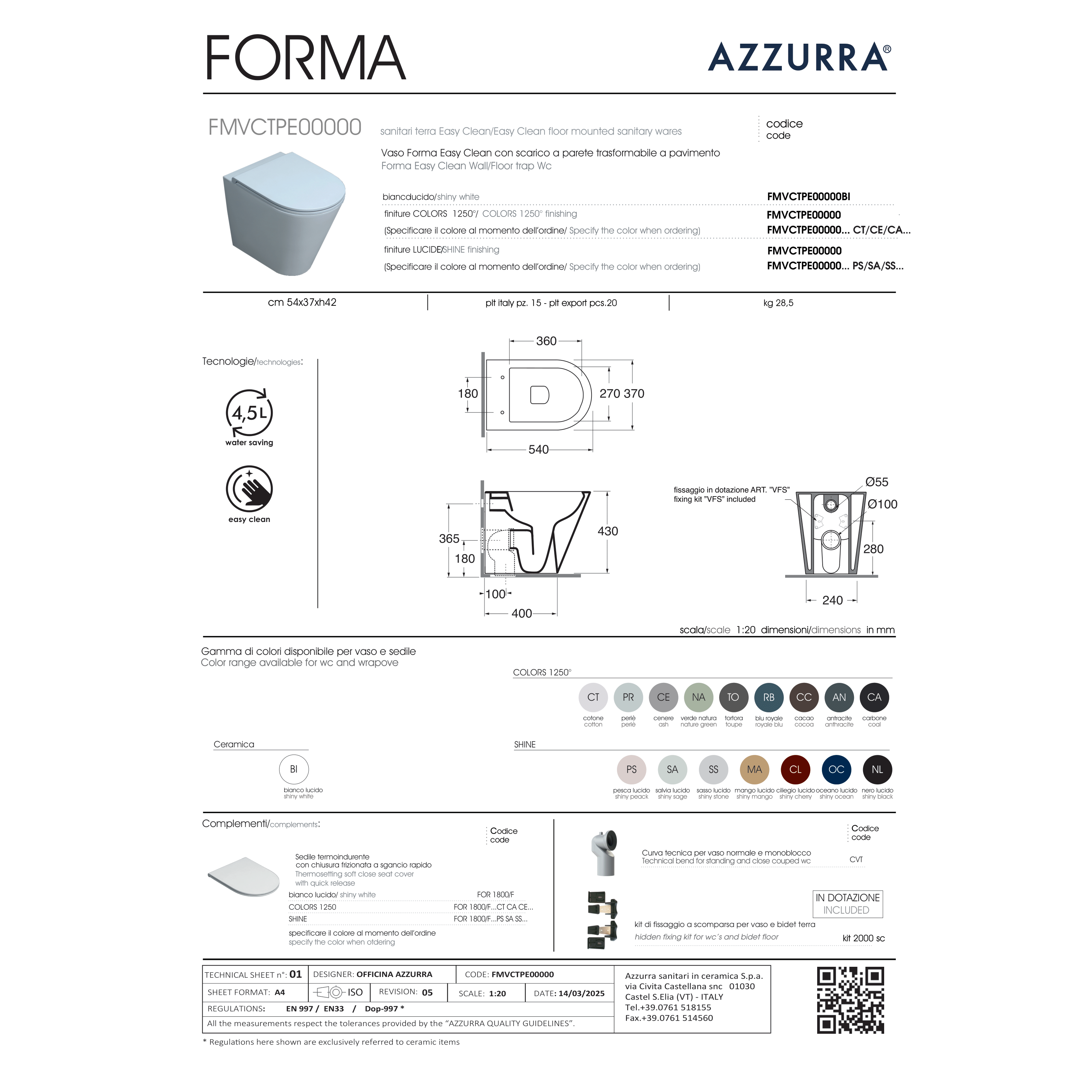 Coppia Di Sanitari a Terra Senza Brida Azzurra Ceramica "Forma" Bianco Lucido