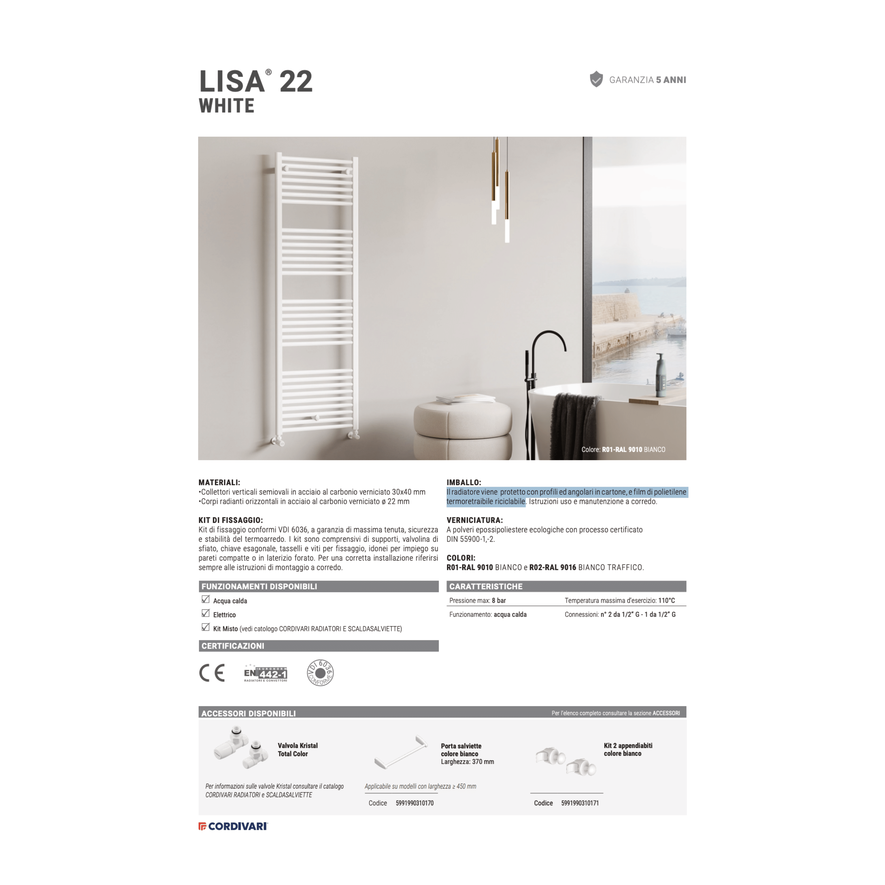 Termoarredo Scaldasalviette Dritto 116x50 Interasse 45 Cordivari "Lisa 22" Bianco