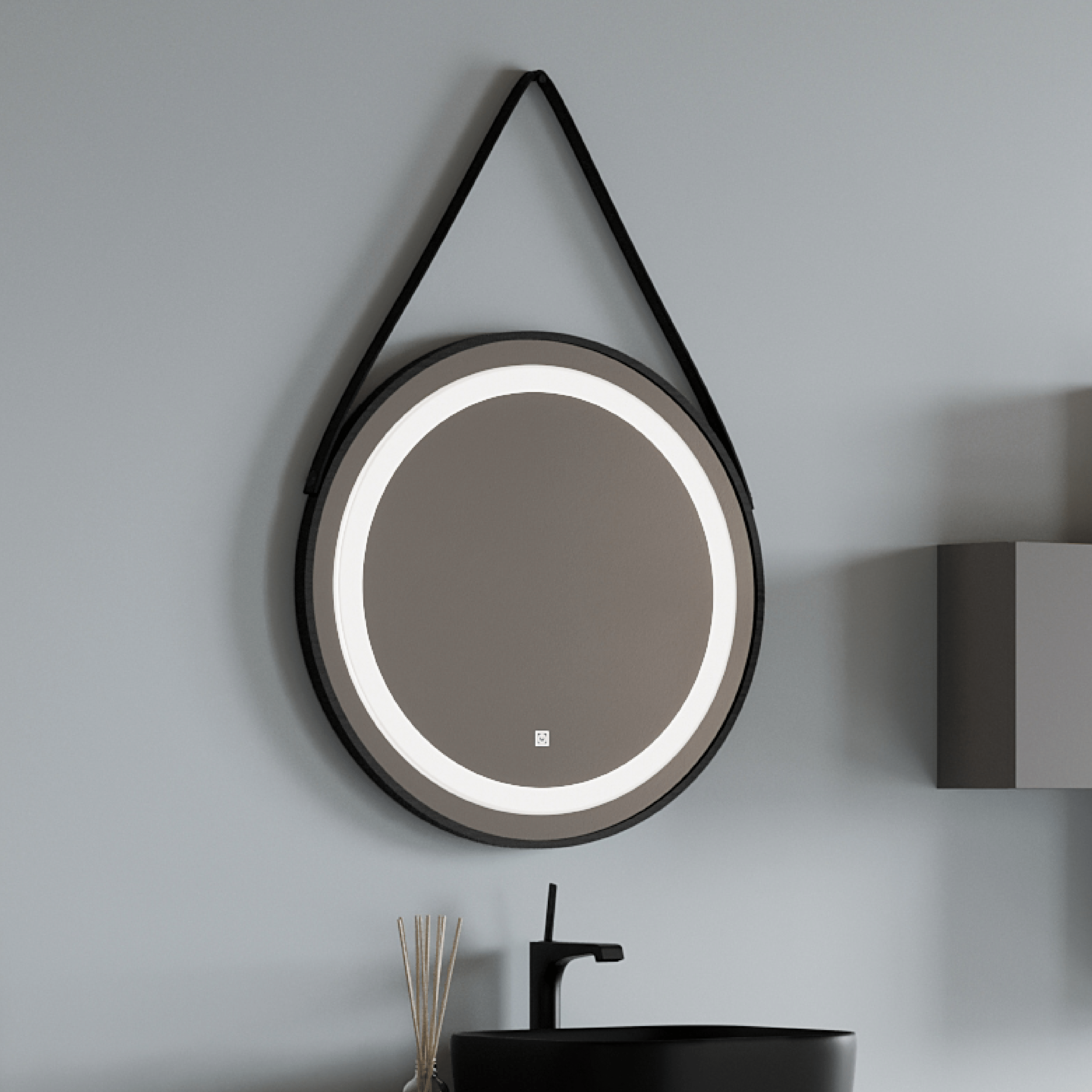 Specchio Tondo Diametro 60 Con Cornice In Pelle Interruttore a Sensore Savini Due