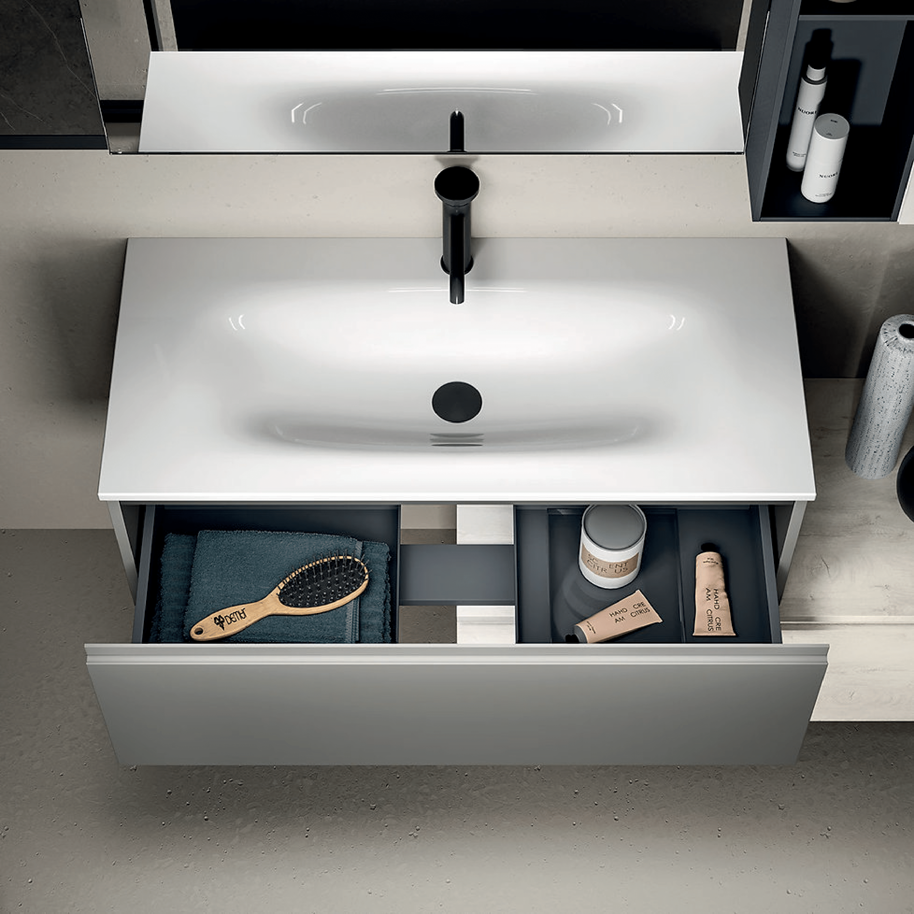 Mobile Bagno Sospeso Sfalsato 100 Cm Due Cassetti Specchio Con Lampada Led Pensile e Vano a Giorno 90x78 Cm ItalBagno "Kompos 119"