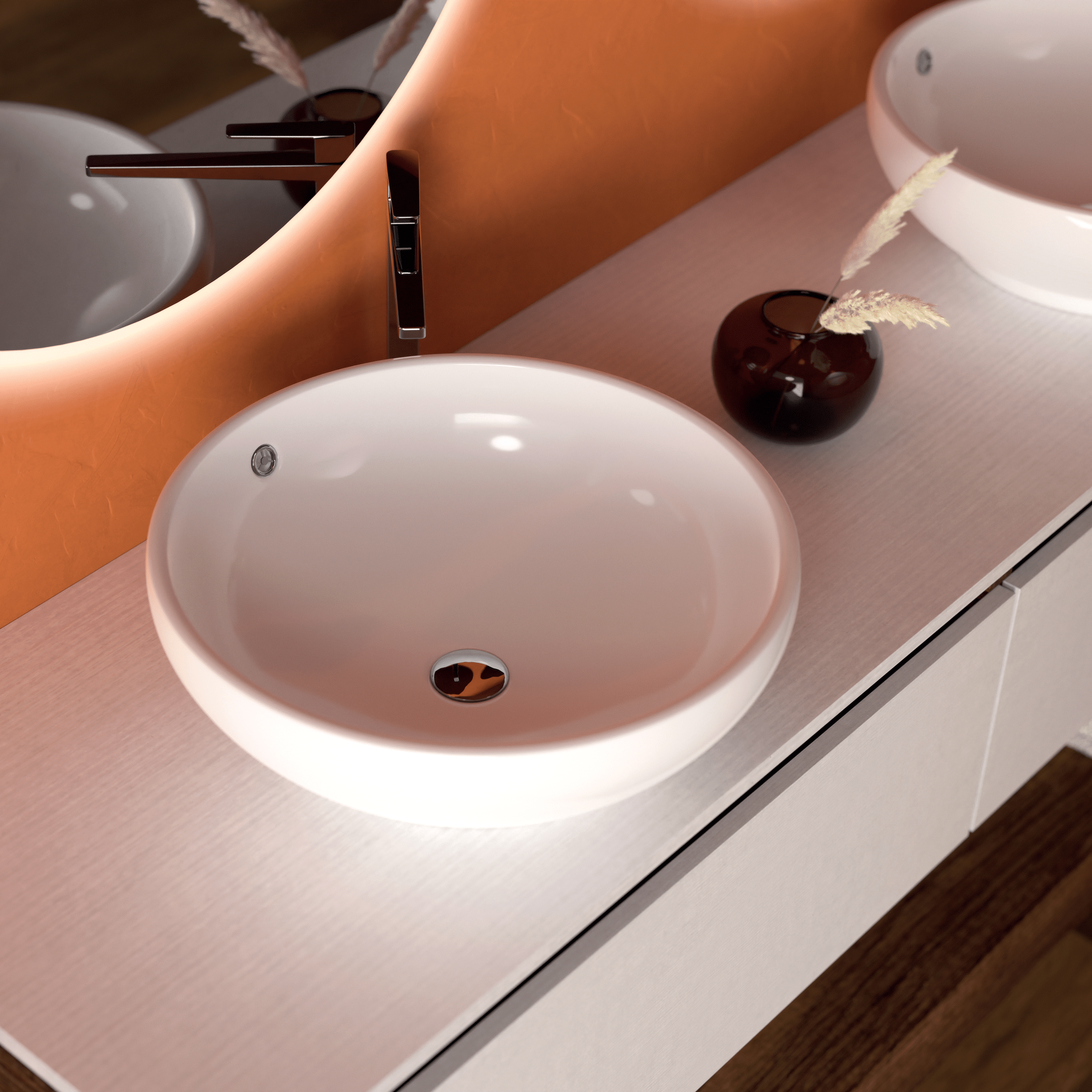 Mobile Bagno Sospeso 140 Cm Due Cassetti Specchi Retroilluminati Diametro 70 Cm Esseci Arredo Bagno "Formentera""