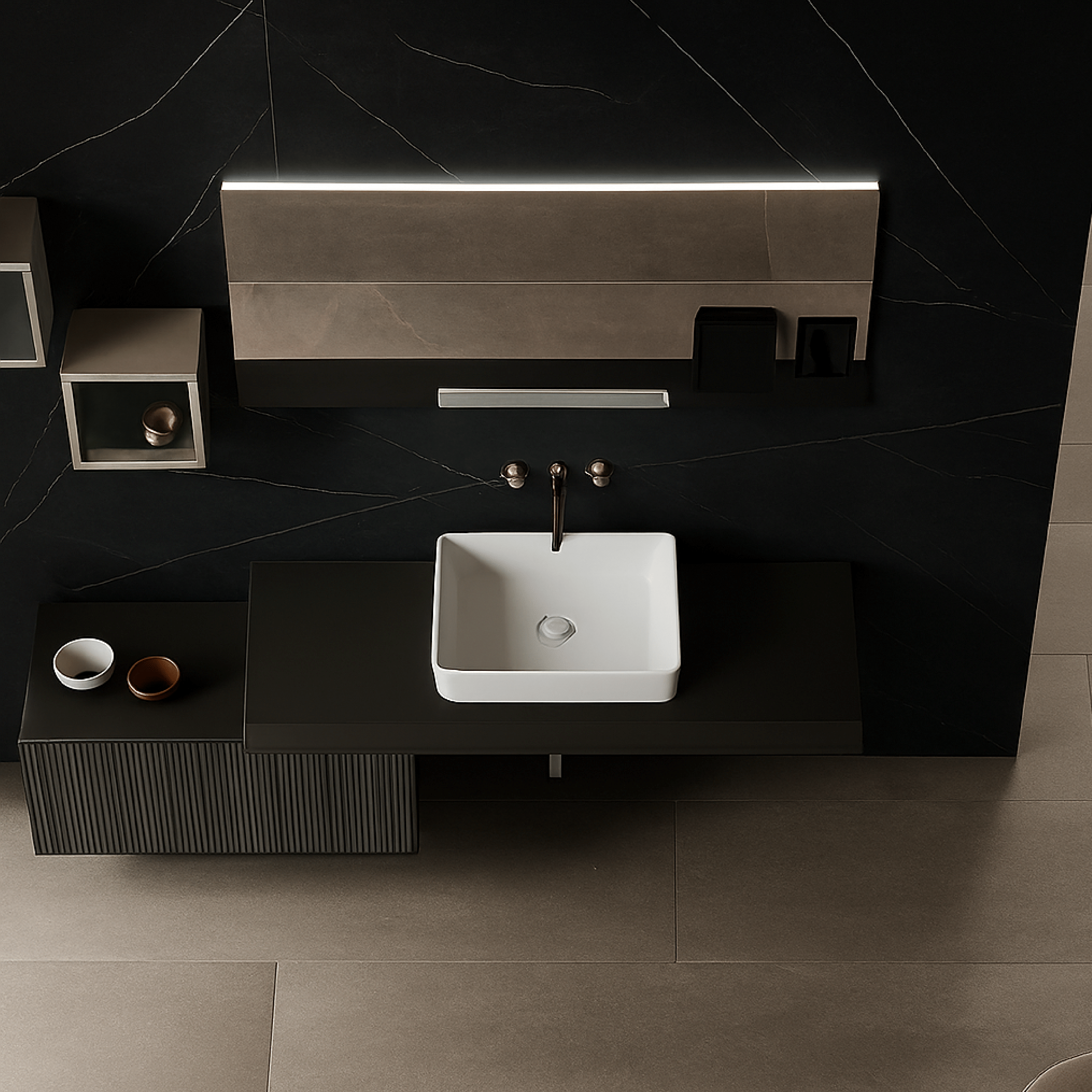Mobile Bagno Sospeso Cannettato 80 Cm Un Cassetto Top 120 Cm Specchio Con Lampada Led Frontale 120x60 Cm ItalBagno "Victor"