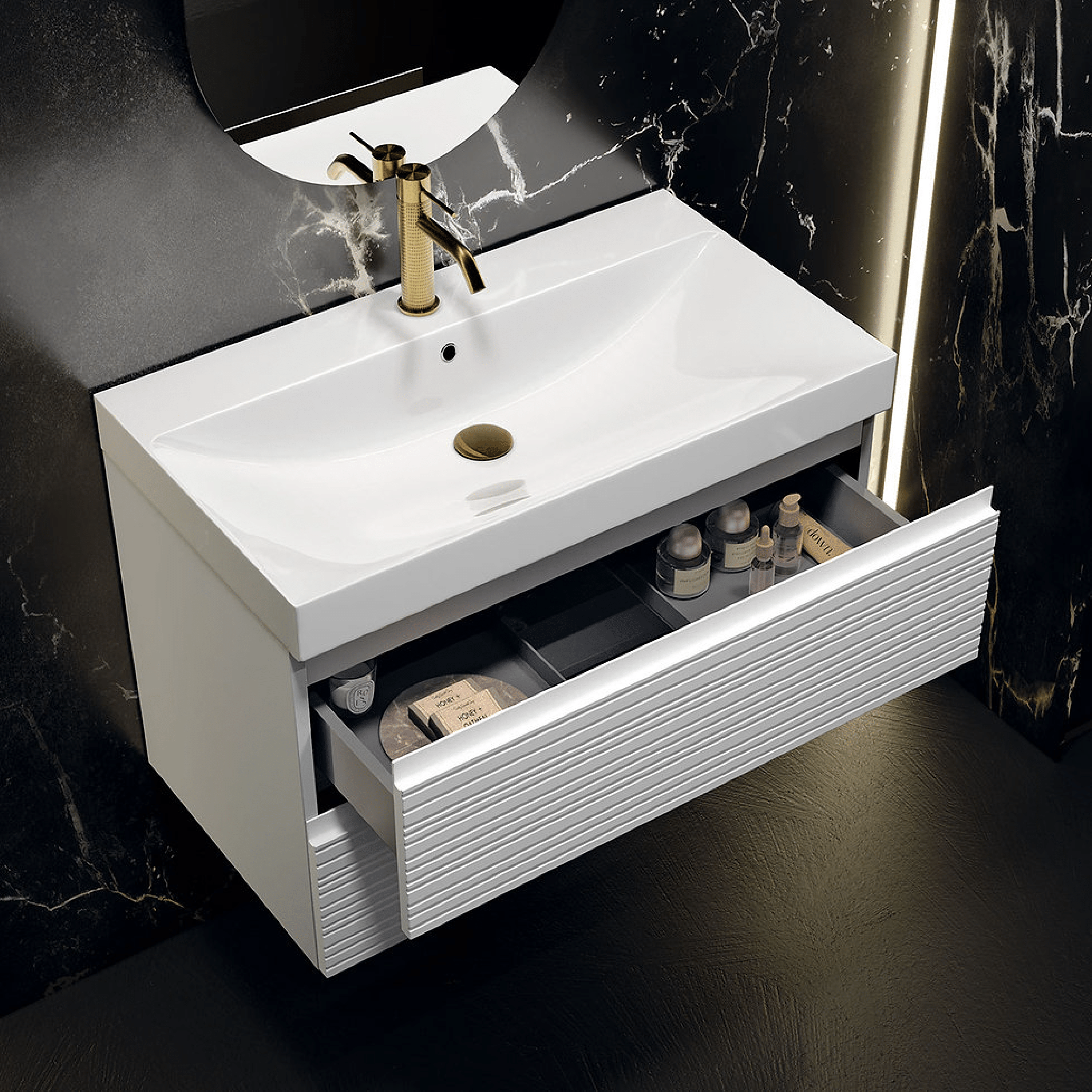 Mobile Bagno Sospeso 80 Cm Due Cassetti Specchio Con Lampada Led 50x100 Cm ItalBagno "Diamante 115"