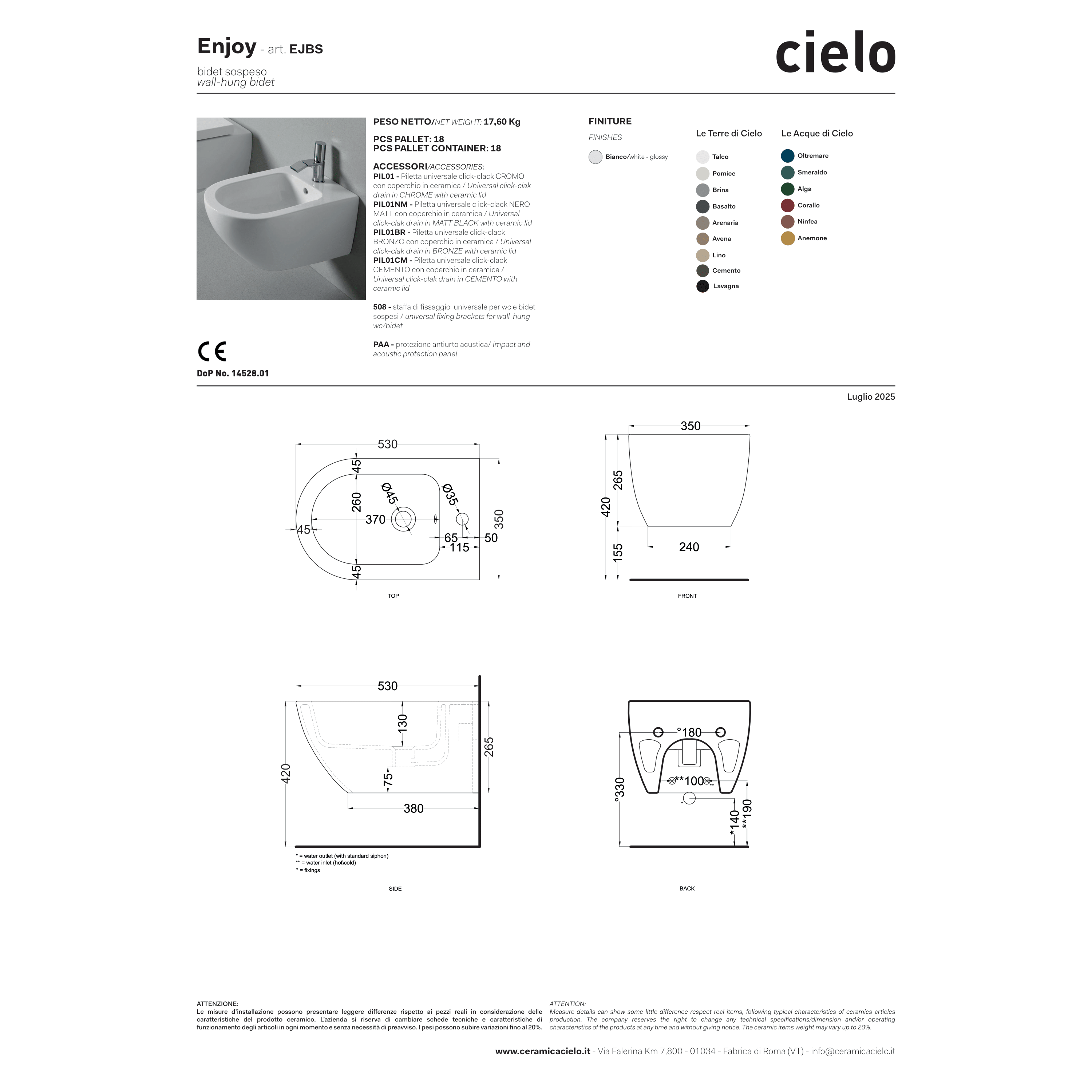 Bidet Sospeso Ceramica Cielo "Enjoy 53" Bianco Lucido