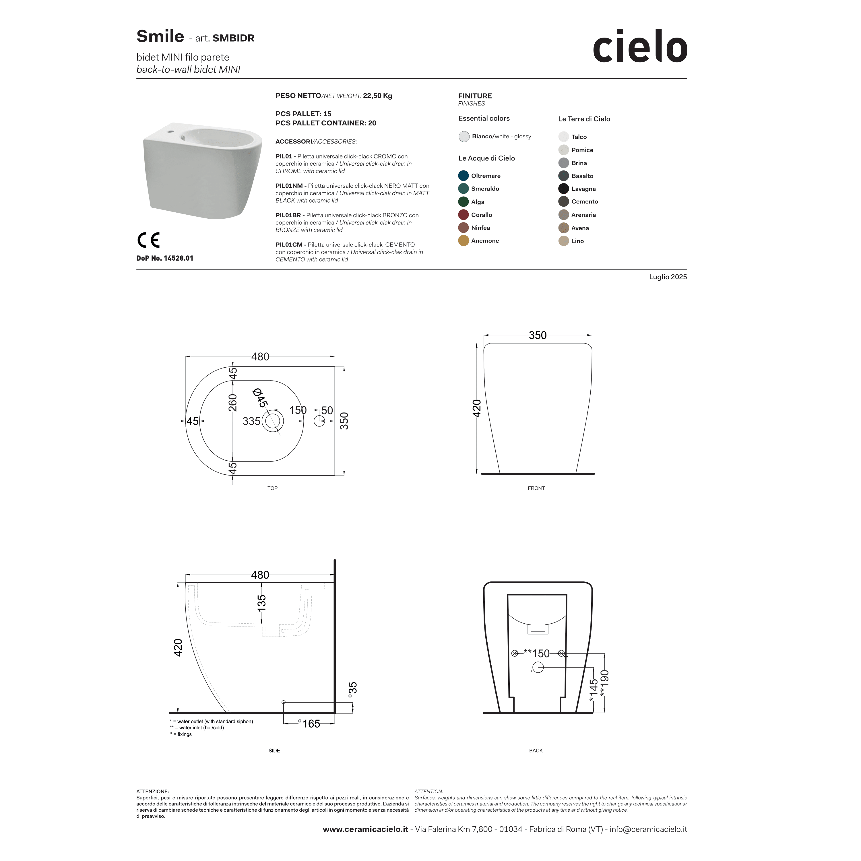 Bidet a Terra Ceramica Cielo "Mini-Smile 48" Bianco Lucido