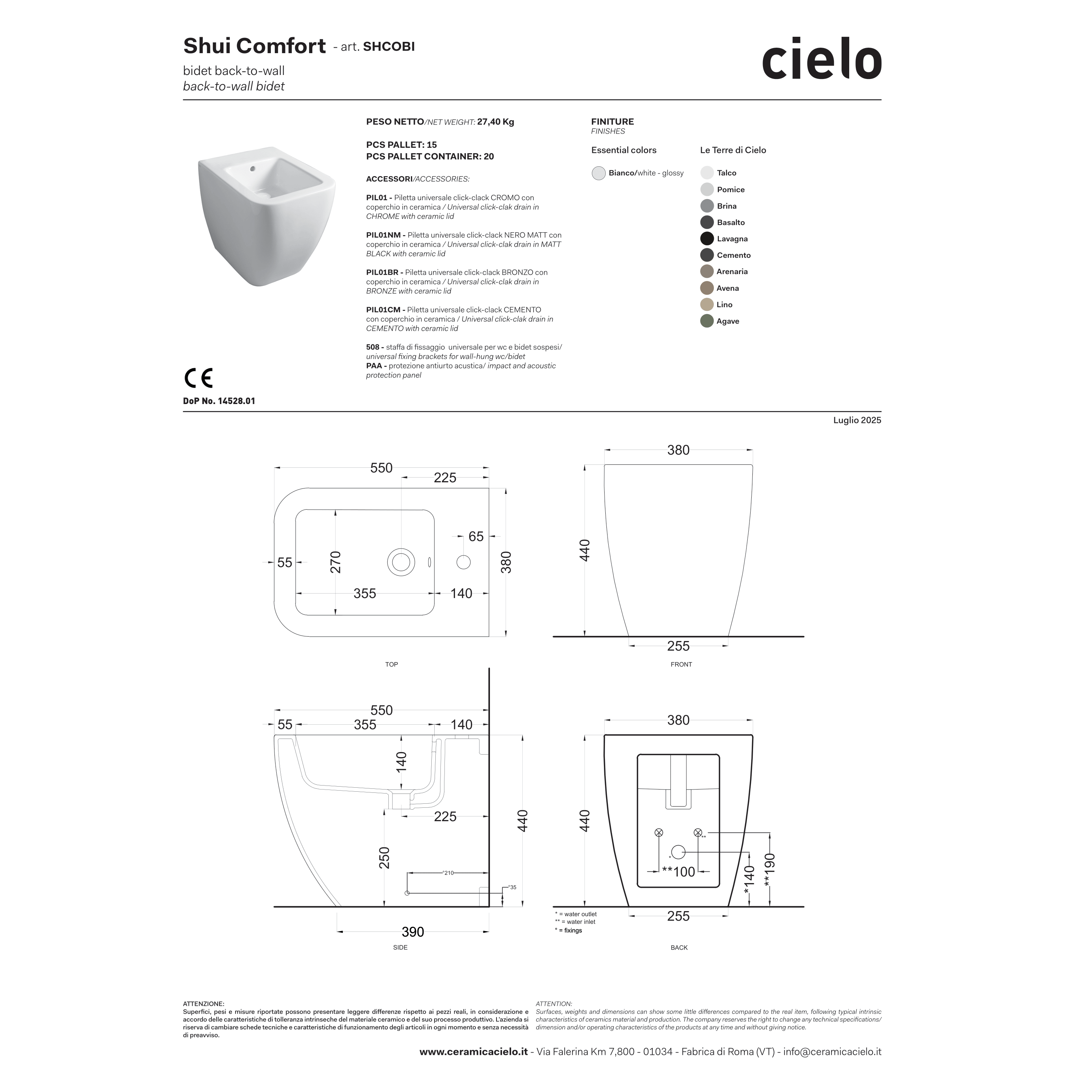 Coppia Di Sanitari a Terra Senza Brida Traslato Ceramica Cielo "Shui Comfort" Bianco Lucido