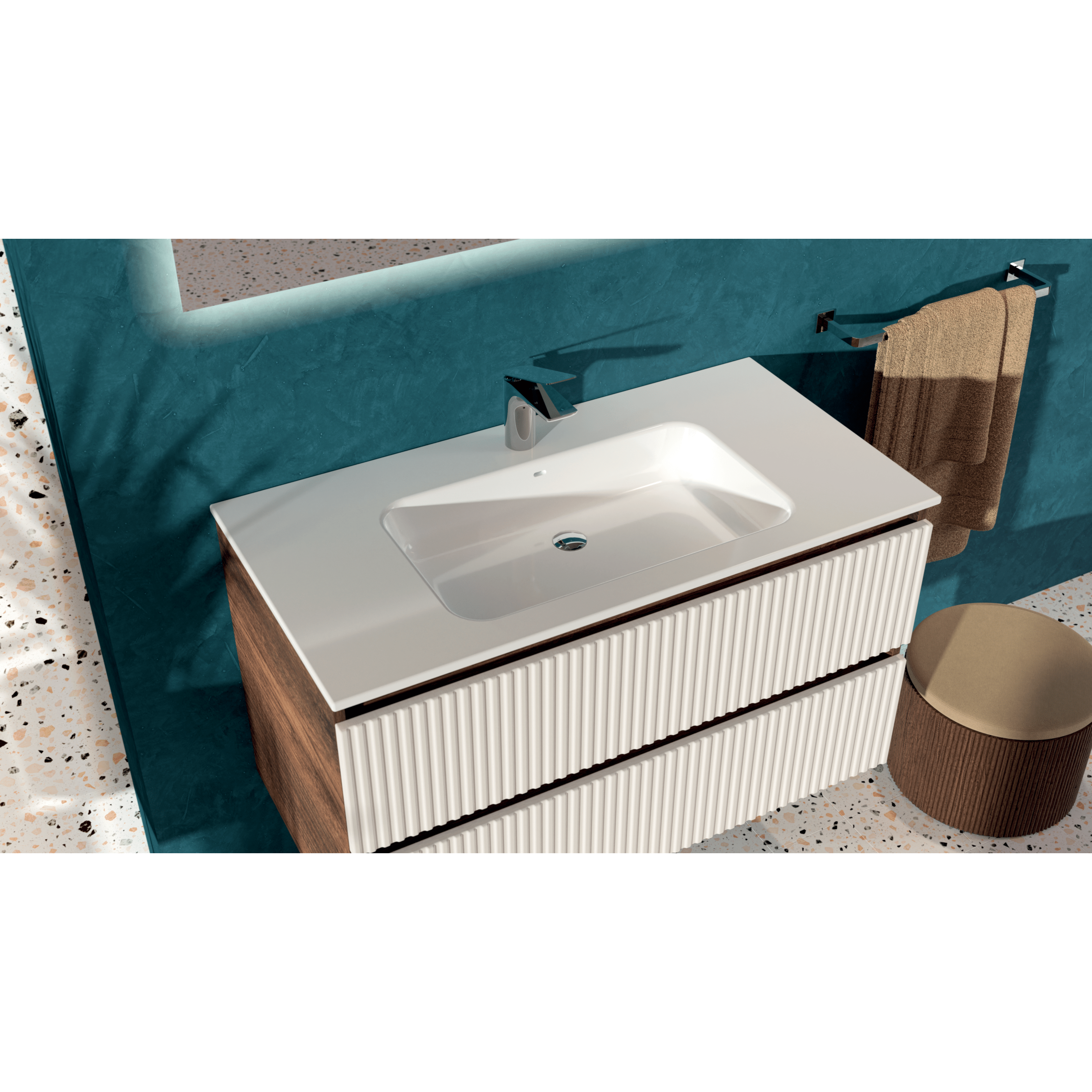 Mobile Bagno Sospeso Cannettato 120 Cm Due Cassetti Specchio Retroilluminato 120x70 Cm Esseci Arredo Bagno "Creta Verticale"