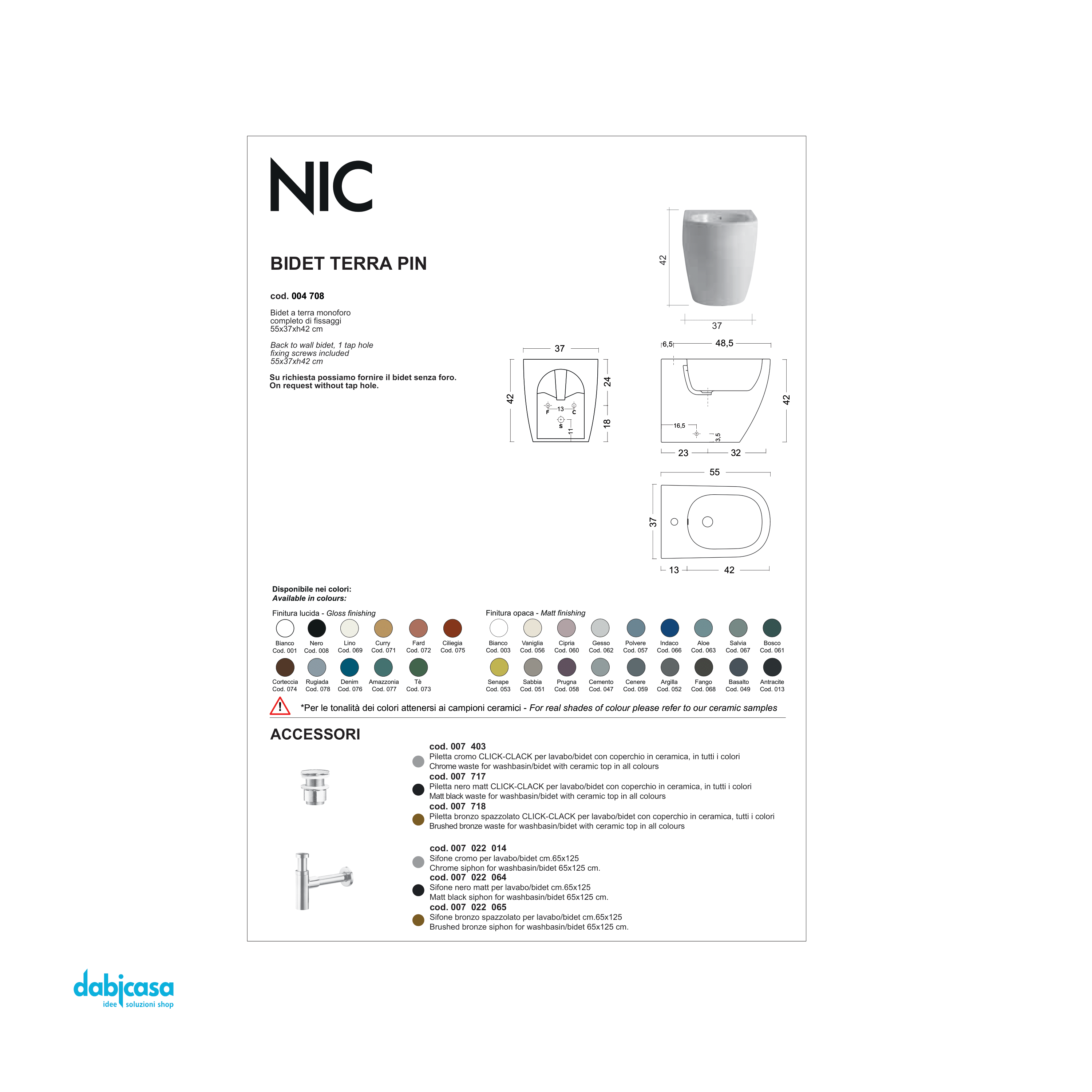 Nic Design "Pin" Bidet Da Terra Filo Muro Mono Foro Bianco Opaco