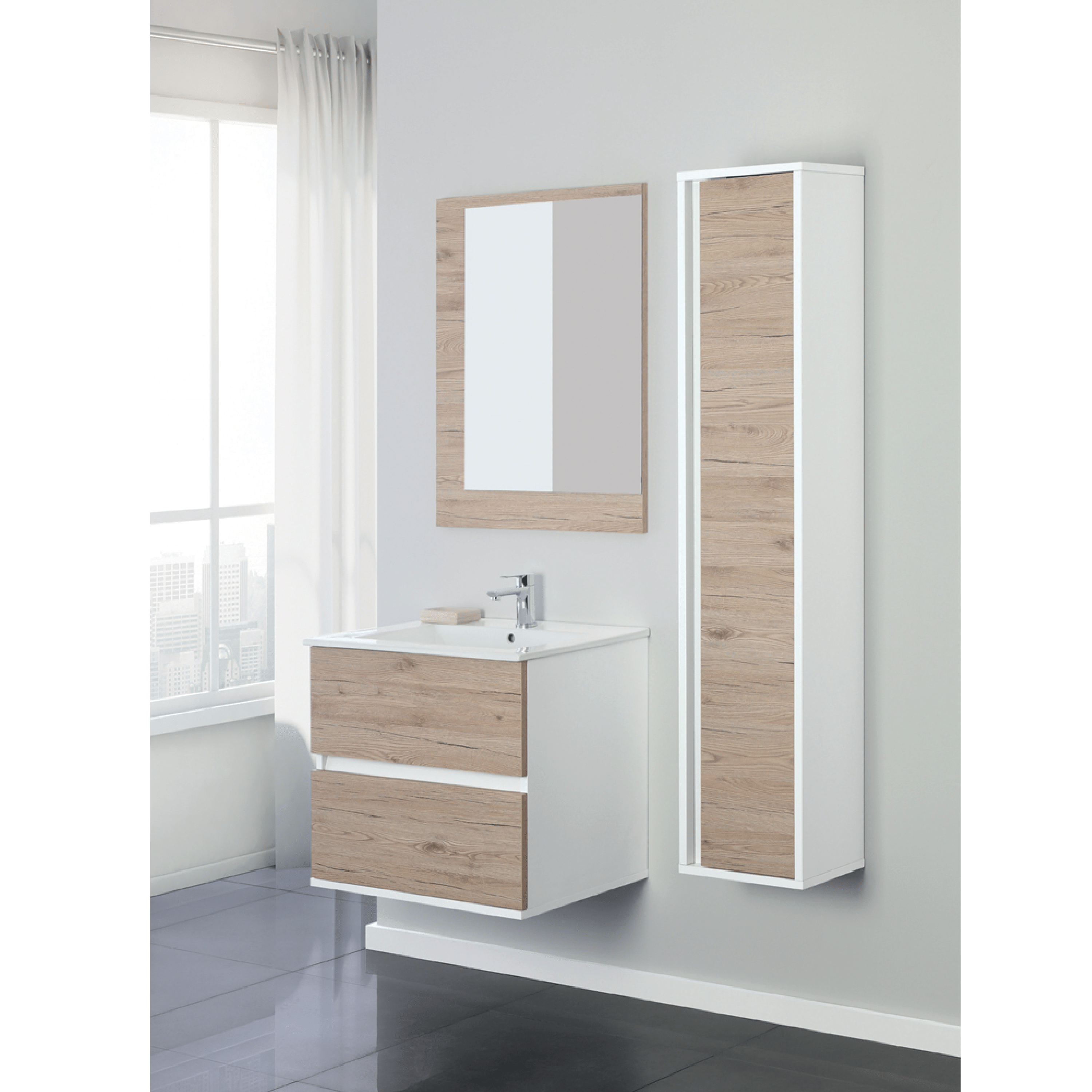 Mobile Bagno Sospeso 60 Cm Due Cassetti Specchio Feridras "Fabula" Bianco/ Rovere Di Bordeaux