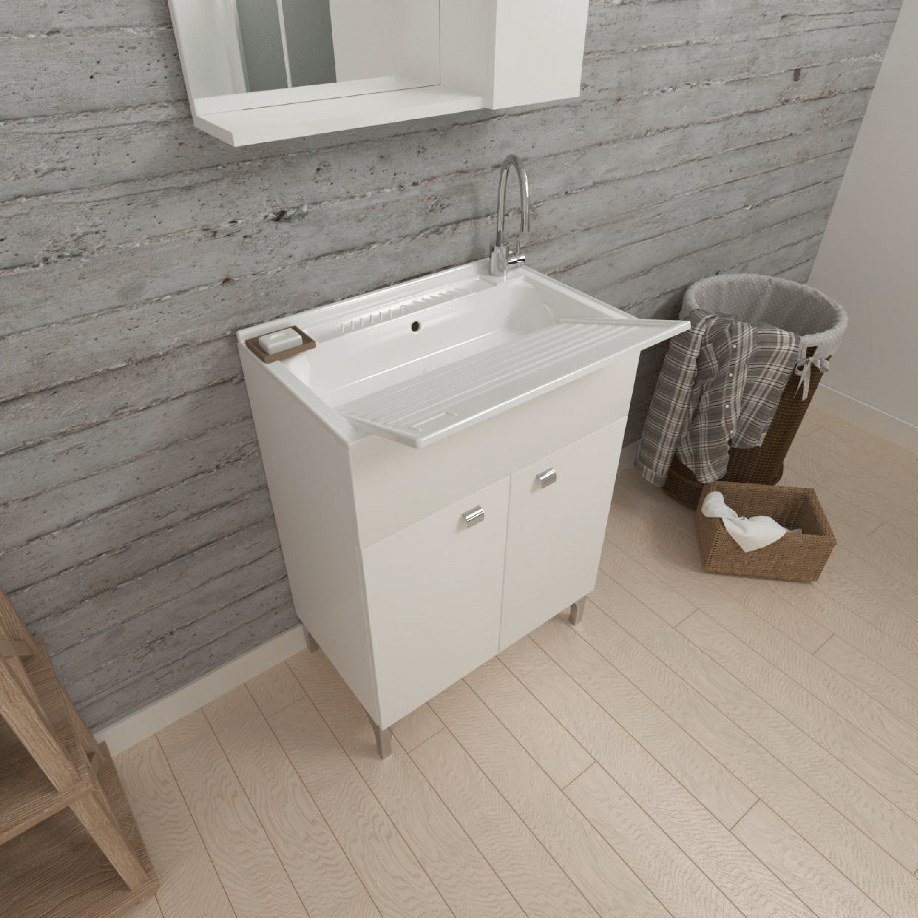 Lavatoio a Terra 60x50 Due Ante Con Vasca e Tavoletta "Enea" Bianco Lucido