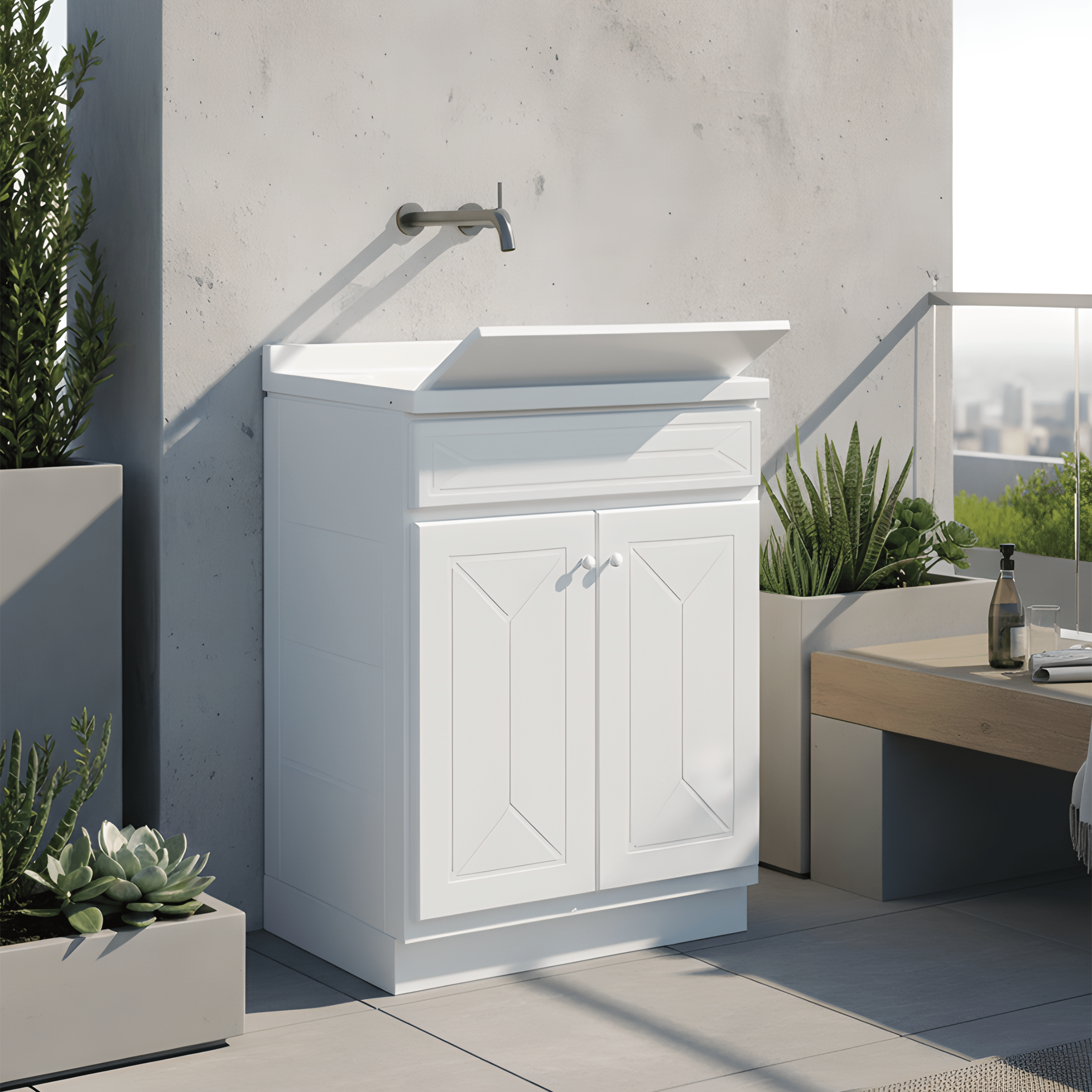 Lavatoio a Terra Per Interno/Esterno 60x45 Due Ante Con Vasca Sifone e Tavoletta "Ulisse" Bianco