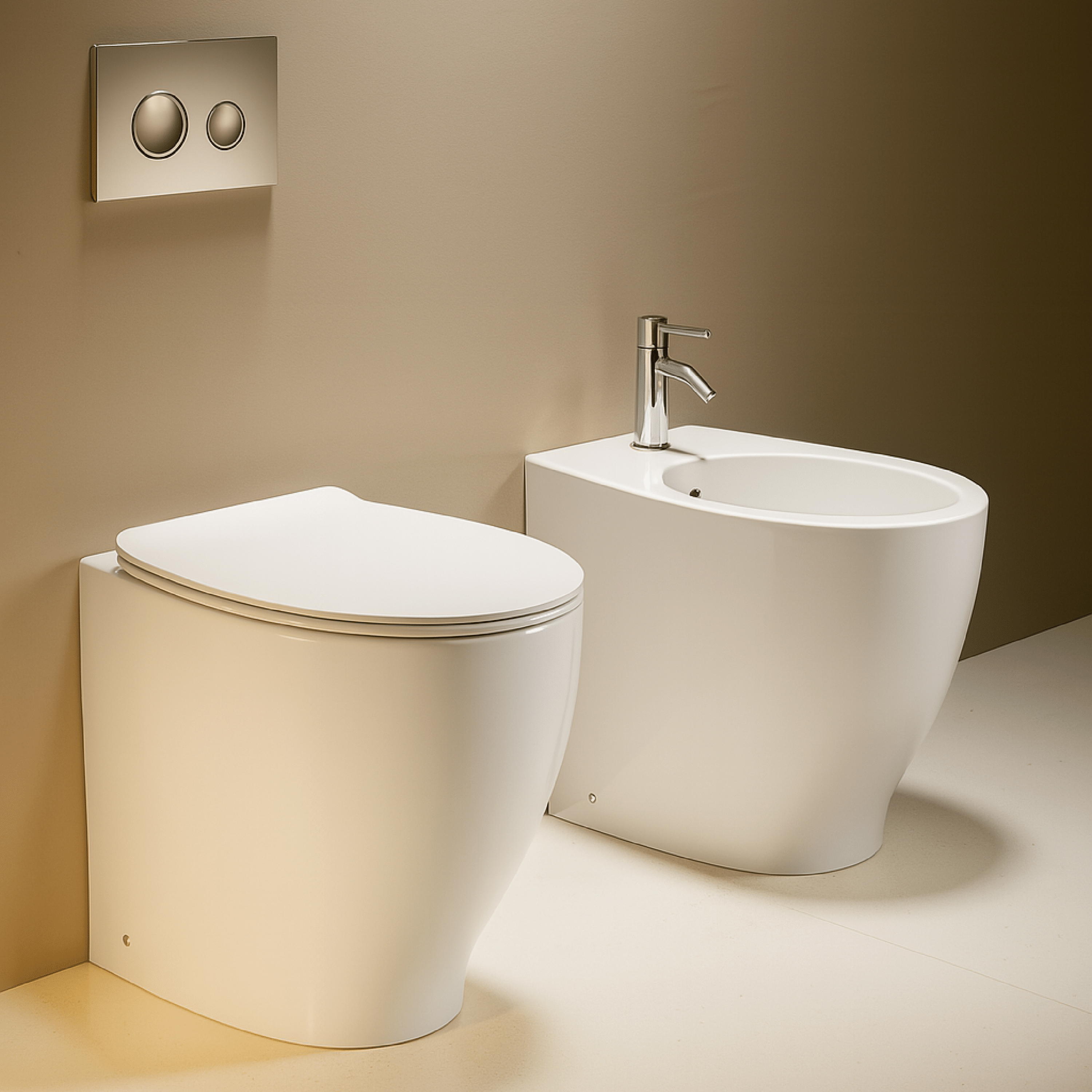 Coppia Di Sanitari a Terra Senza Brida Con Copriwater Domus Falerii "Gran Mascalzone" Bianco Lucido