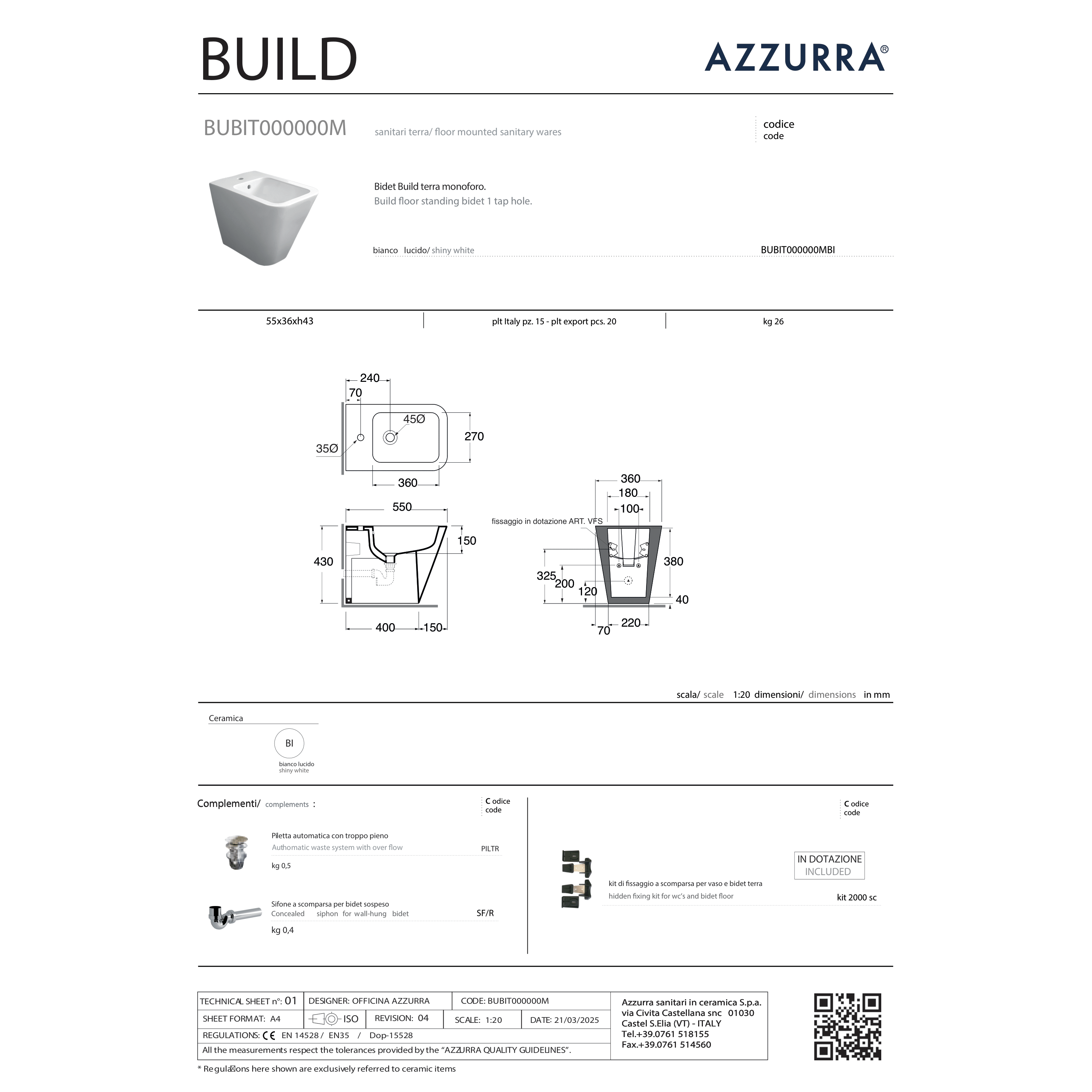 Coppia Di Sanitari a Terra Senza Brida Traslato Azzurra Ceramica "Build" Bianco Lucido