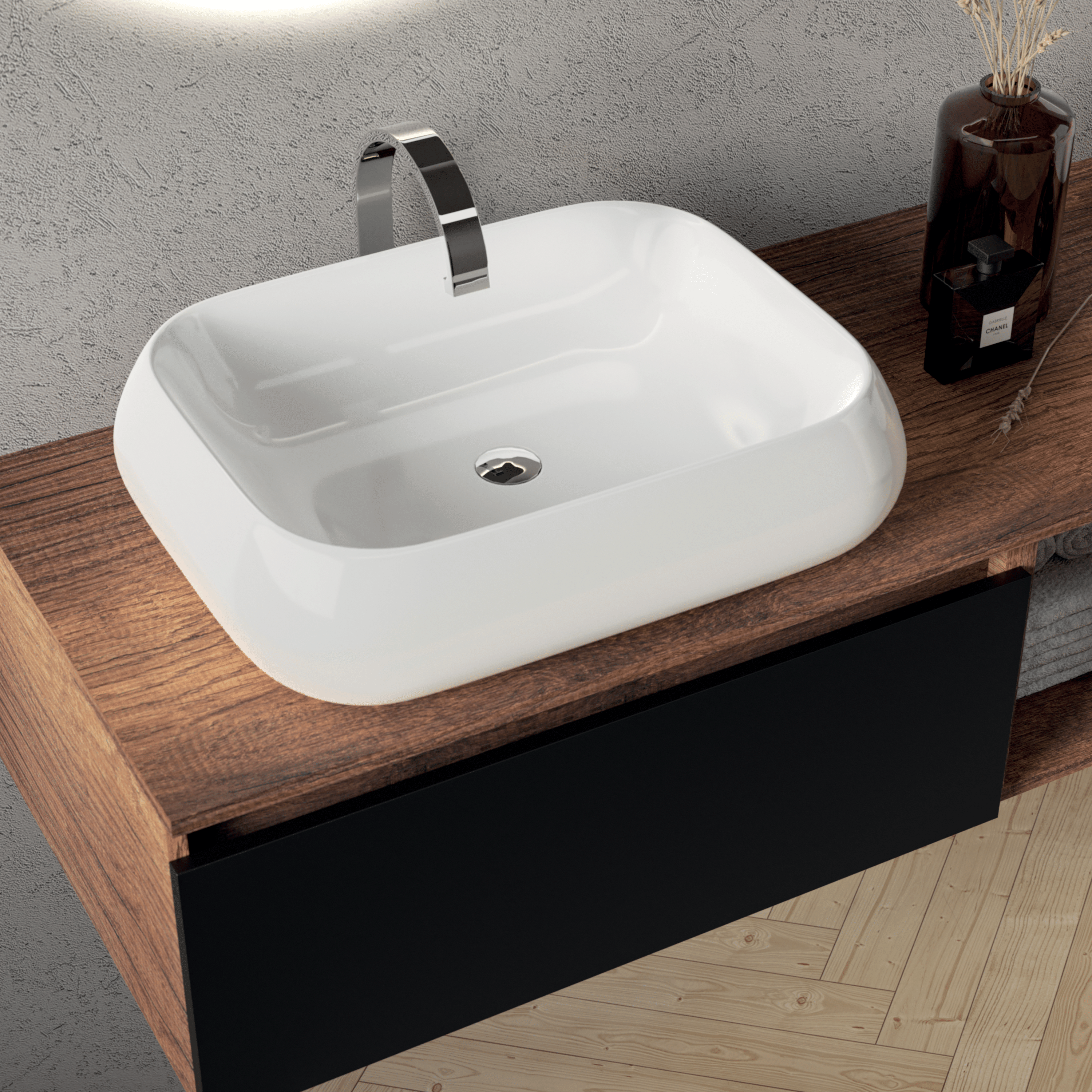 Mobile Bagno Sospeso 190 Cm Due Cassetti Con Vano a Giorno Specchio Retroilluminato Diametro 80 Cm Esseci Arredo Bagno "Venezia"