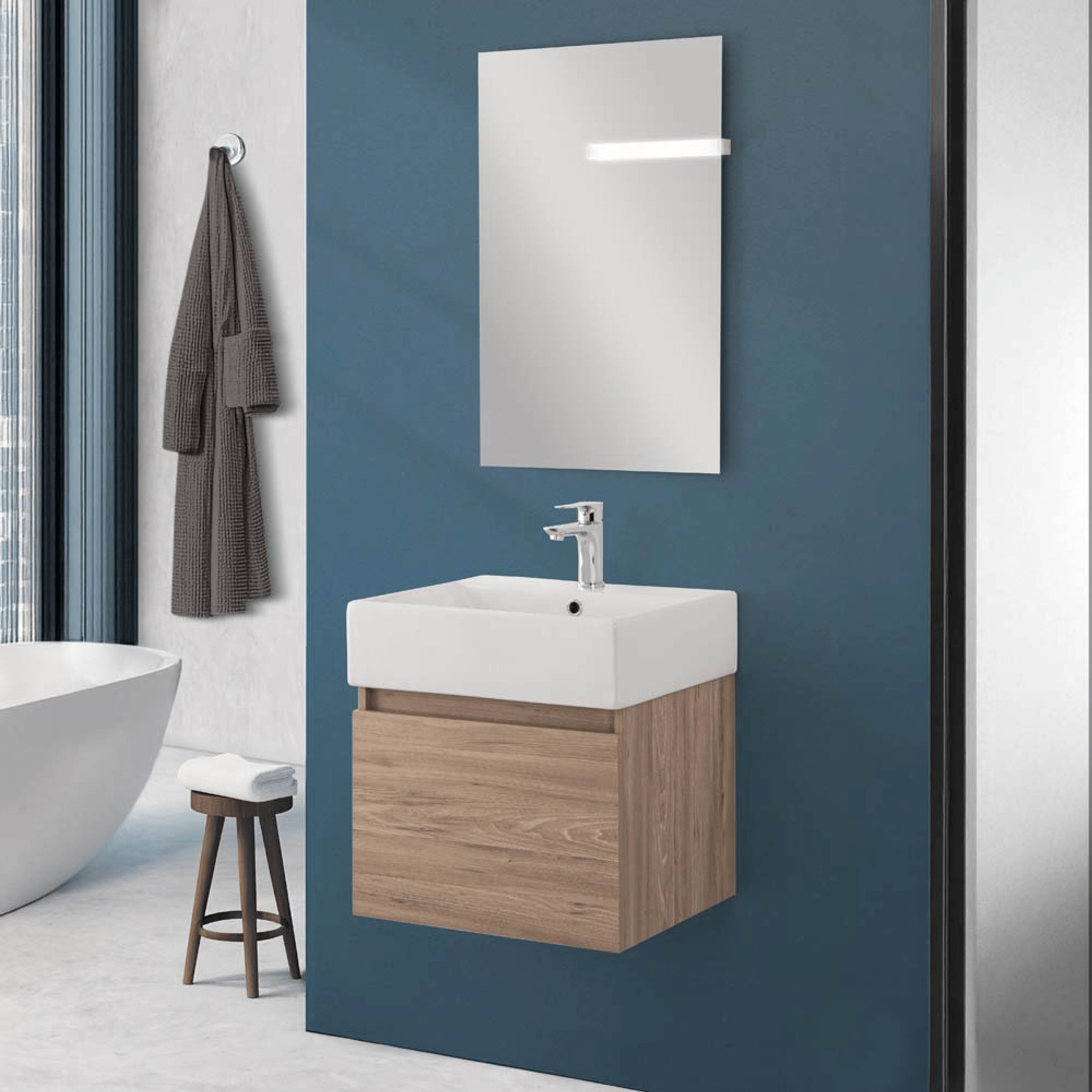 Mobile Bagno Sospeso 50 Cm Un'Anta Specchio Filo Lucido 50x60 Cm Feridras "Kira" Rovere