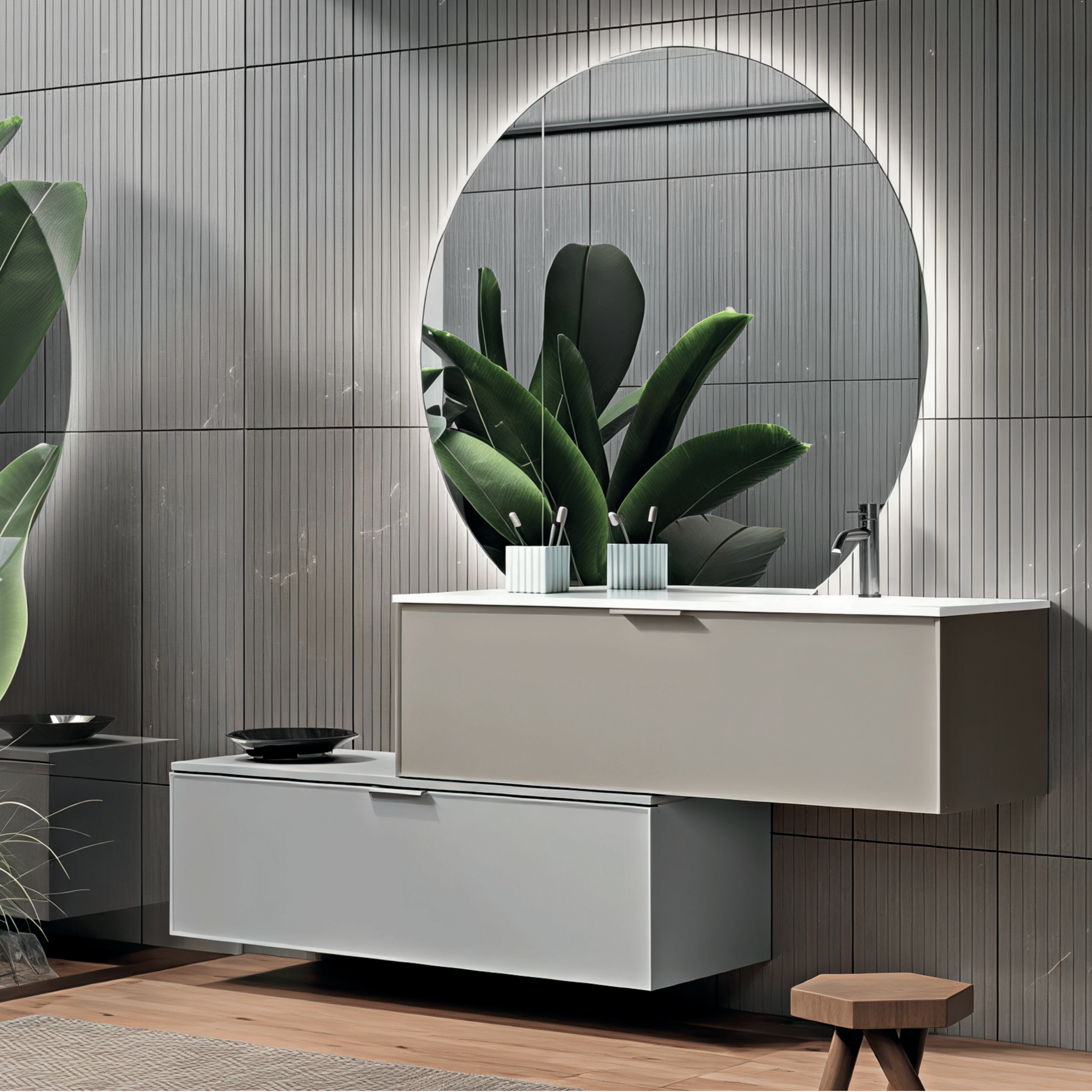 Mobile Bagno Sospeso Sfalsato 120 Cm Due Cassetti Specchio Retroilluminato 125x115 Cm ItalBagno "Venus"