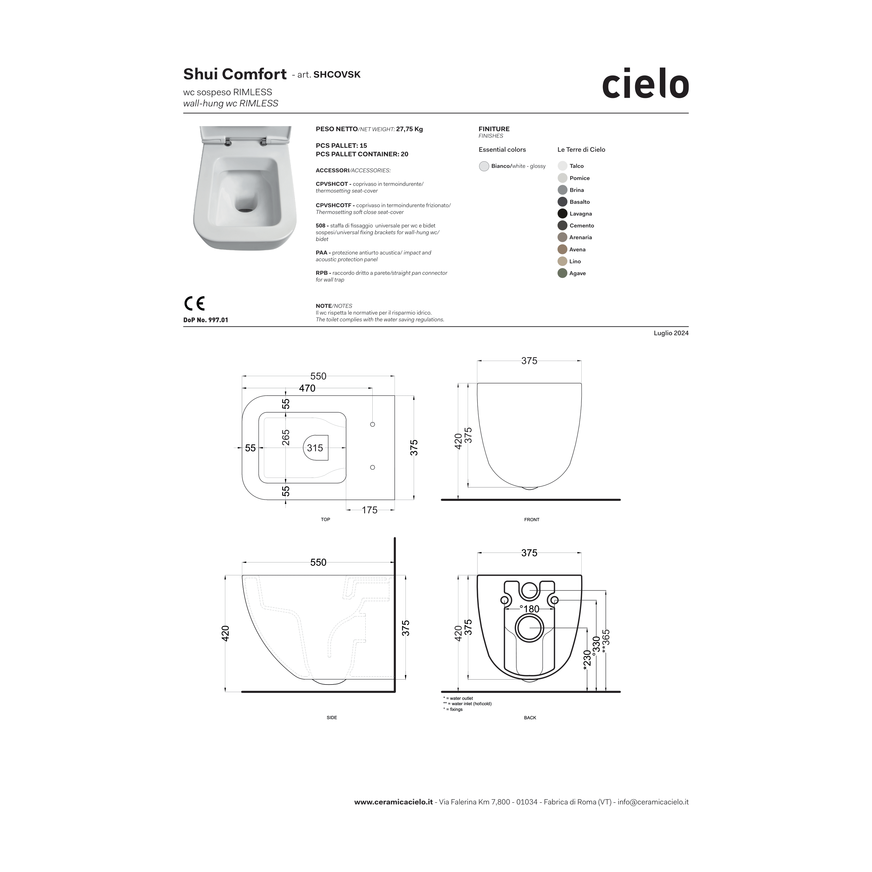 Wc Sospeso Ceramica Cielo "Shui Comfort" Bianco Lucido
