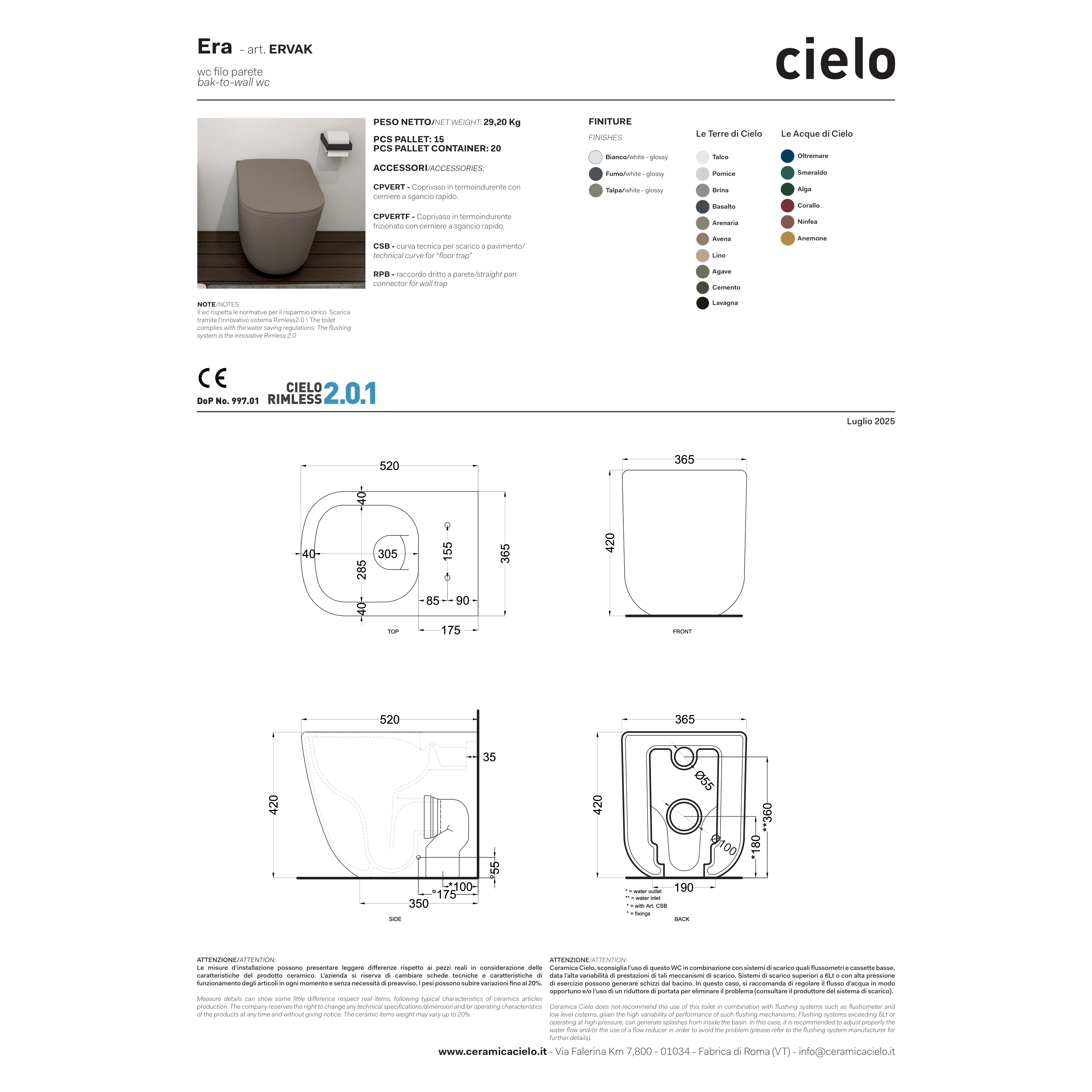 Wc a Terra Senza Brida Ceramica Cielo "Era" Bianco Lucido