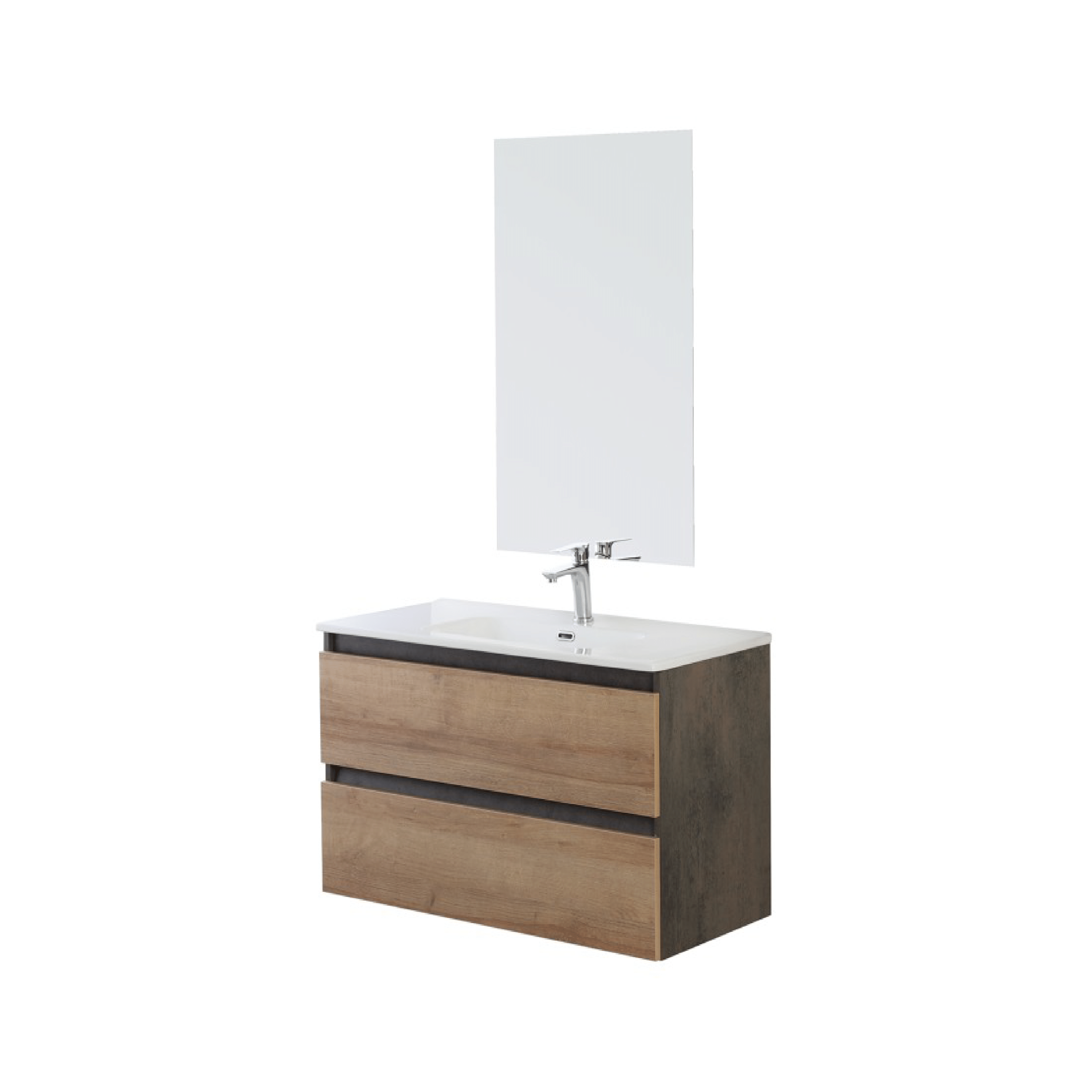 Mobile Bagno Sospeso 80 Cm Due Cassetti Specchio a Filo 80x60 Cm Feridras "Revital" Rovere Di Bordeaux/Ossido Grigio