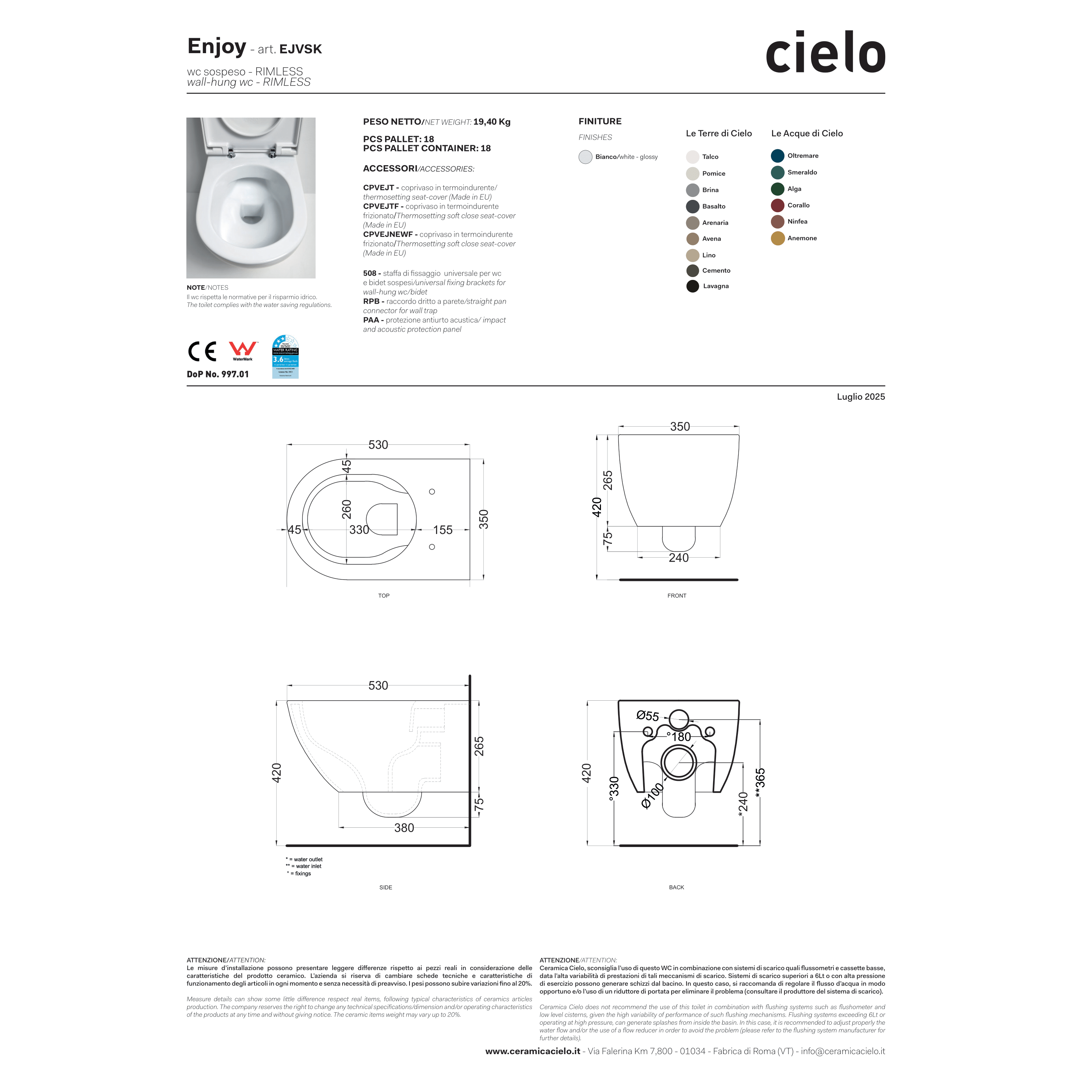 Wc Sospeso Senza Brida Ceramica Cielo "Enjoy 53" Bianco Lucido