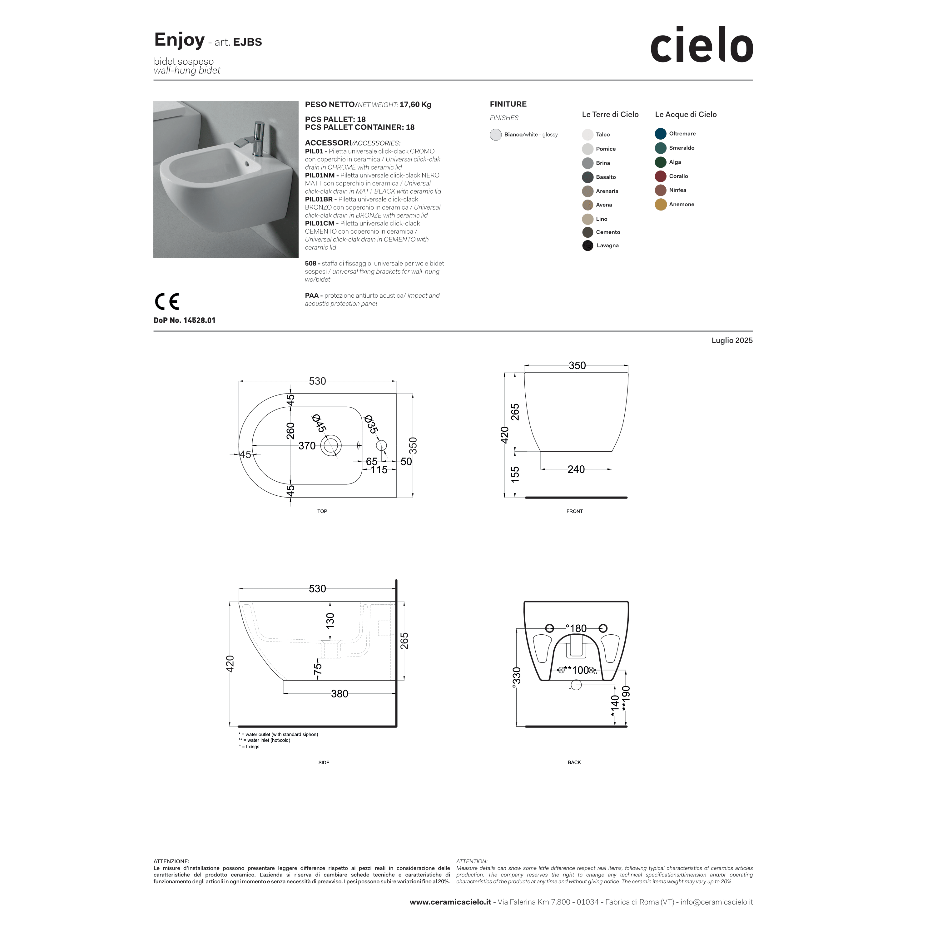 Coppia Di Sanitari Sospesi Senza Brida Ceramica Cielo "Enjoy 53" Bianco Lucido