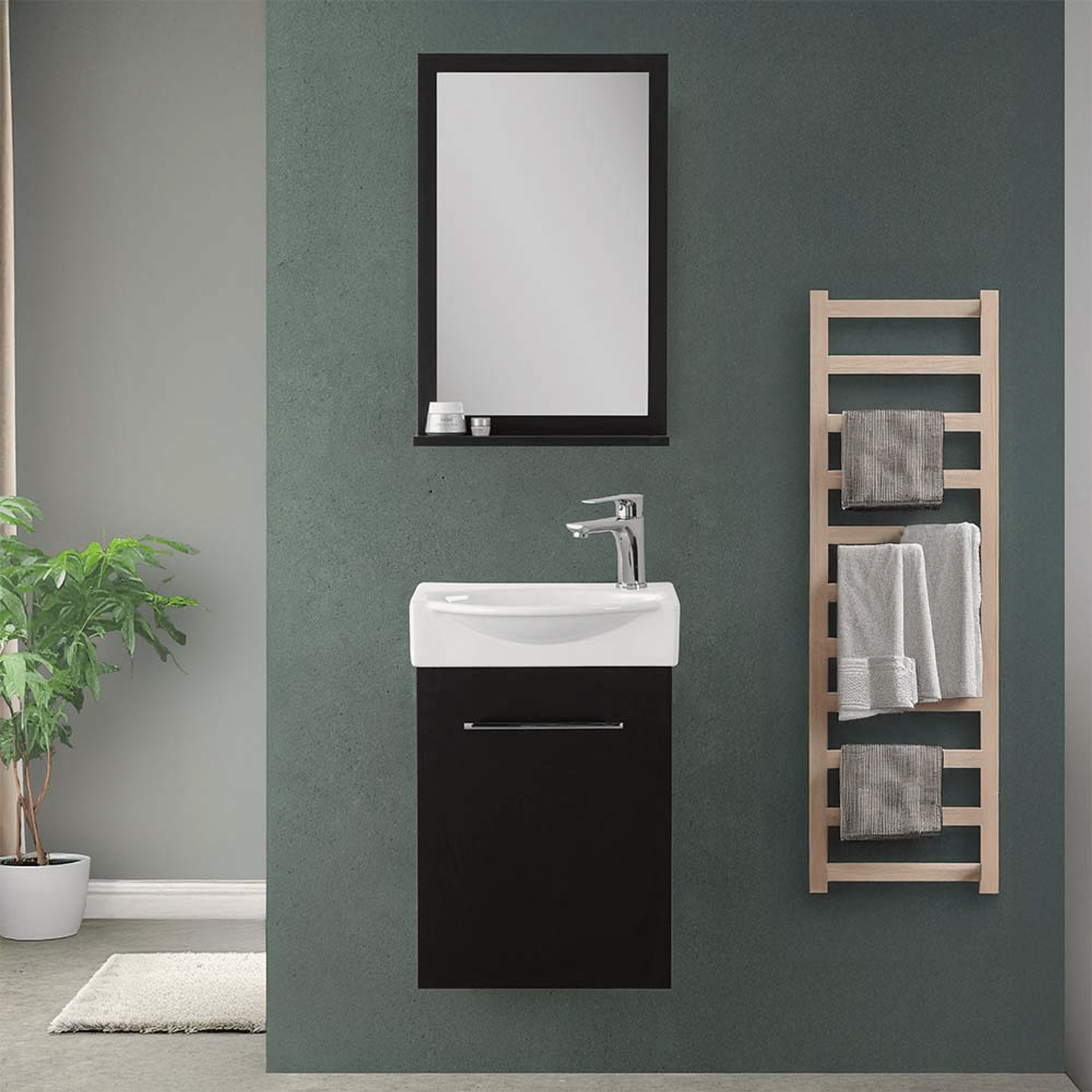 Mobile Bagno Sospeso 39 Cm Un'Anta Specchio Su Pannello Con Mensola 39x60 Cm Feridras "Elys" Nero