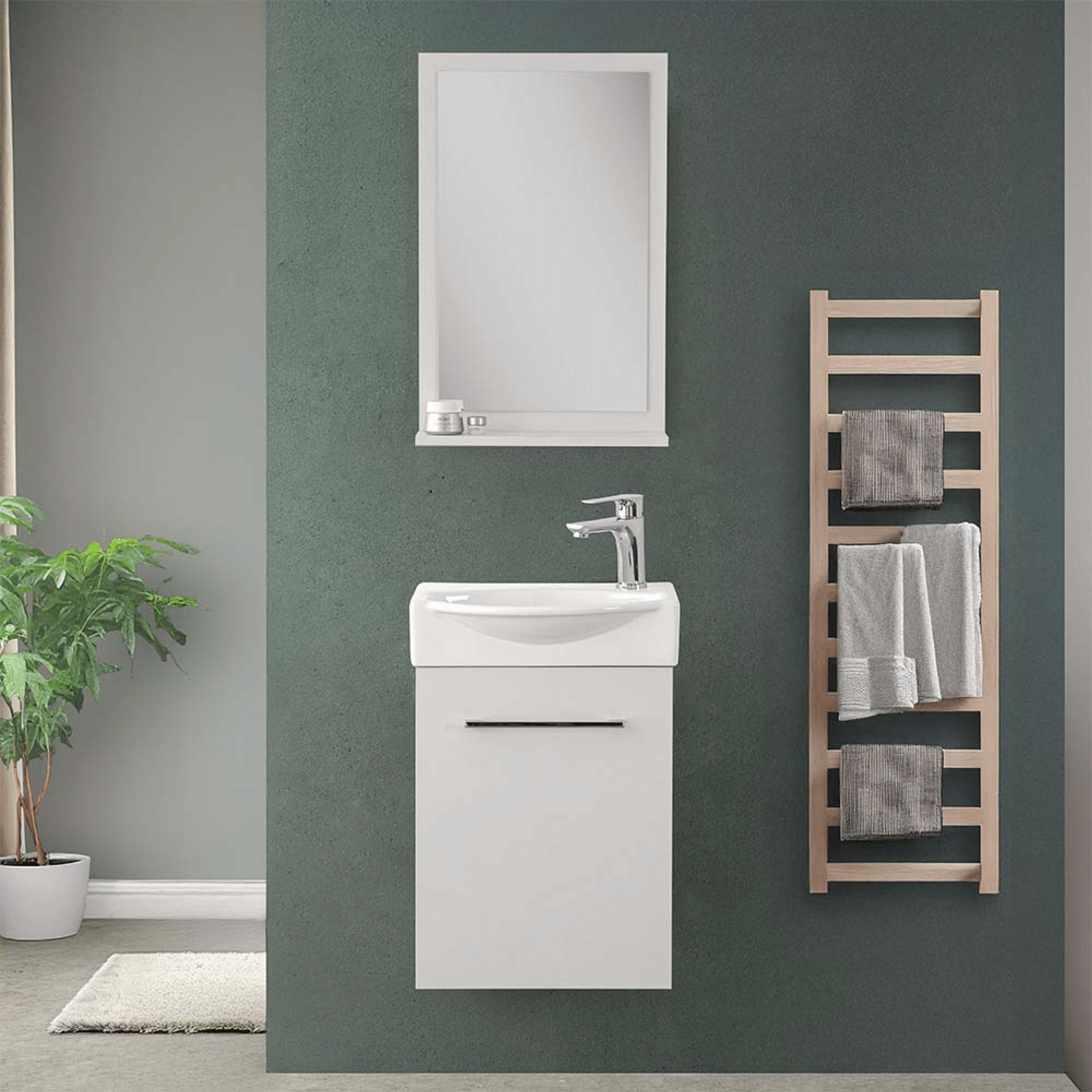 Mobile Bagno Sospeso 39 Cm Un'Anta Specchio Su Pannello Con Mensola 39x60 Cm Feridras "Elys" Bianco