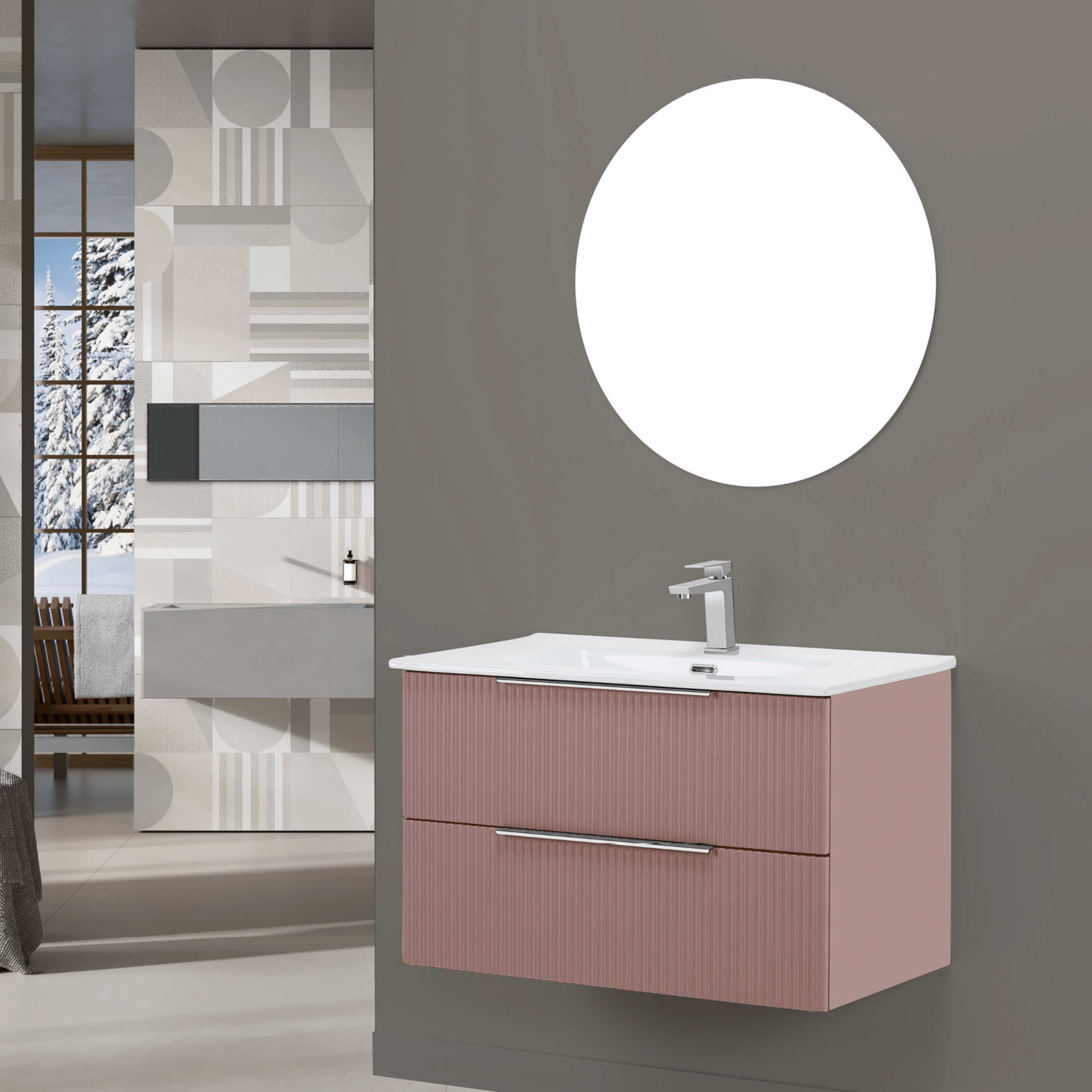 Mobile Bagno Sospeso Cannettato 100 Cm Due Cassetti Specchio Filo Diam.80 Cm Feridras "Burano" Rosa