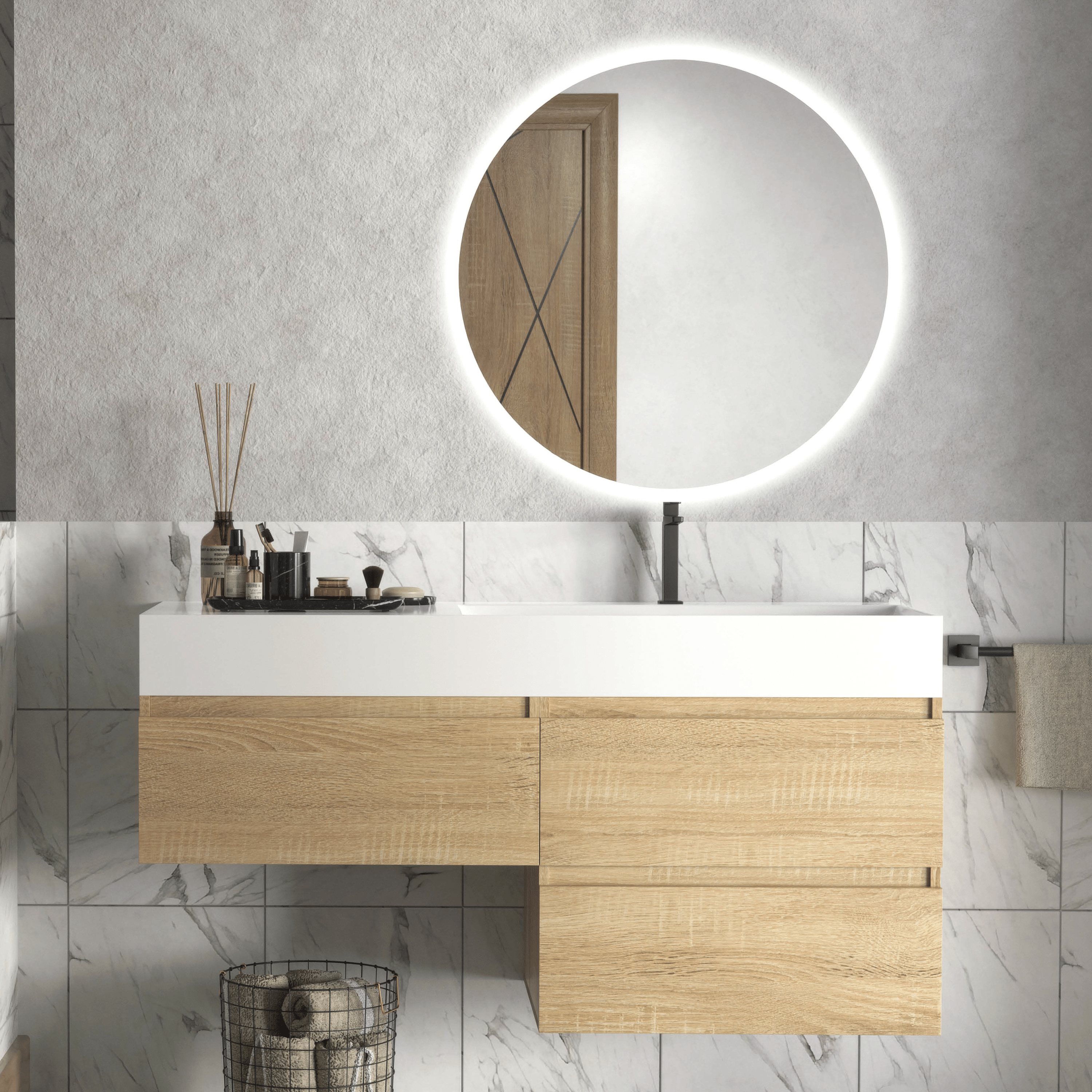 Mobile Bagno Sospeso 120 Cm Tre Cassetti Specchio Retroilluminato Diametro 70 Cm Esseci Arredo Bagno "Carlotta"