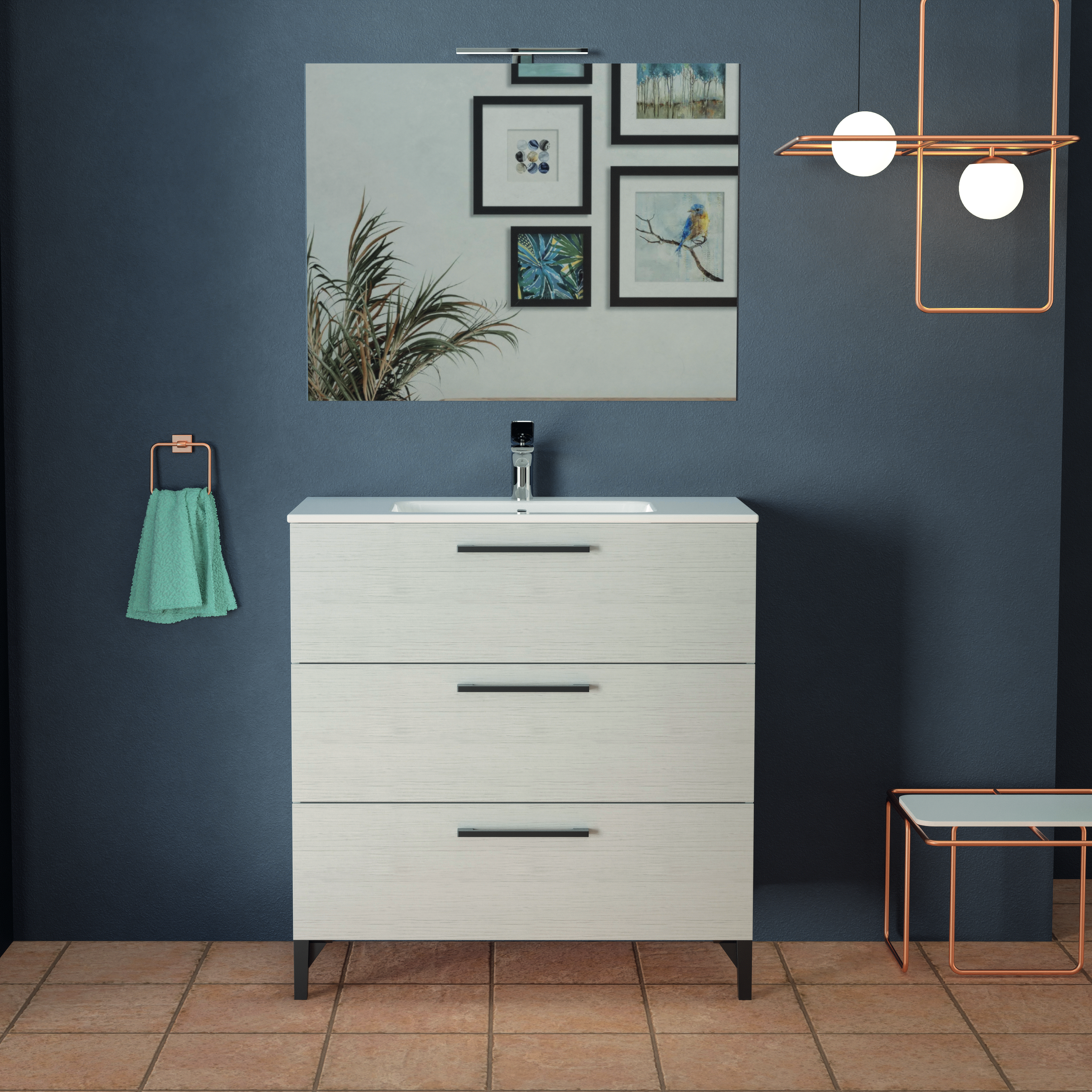 Mobile Bagno a Terra 120 Cm Tre Cassetti Specchio Con Lampada Led 120x70 Cm Esseci Arredo Bagno "Alexa 120"