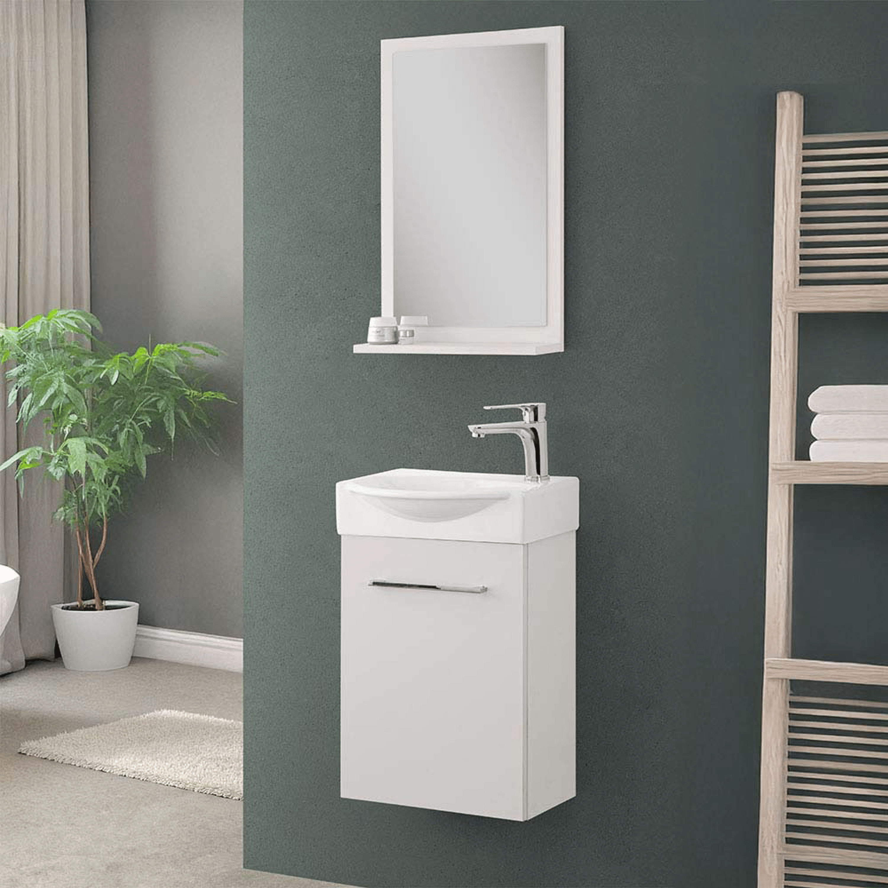 Mobile Bagno Sospeso 39 Cm Un'Anta Specchio Su Pannello Con Mensola 39x60 Cm Feridras "Elys" Bianco