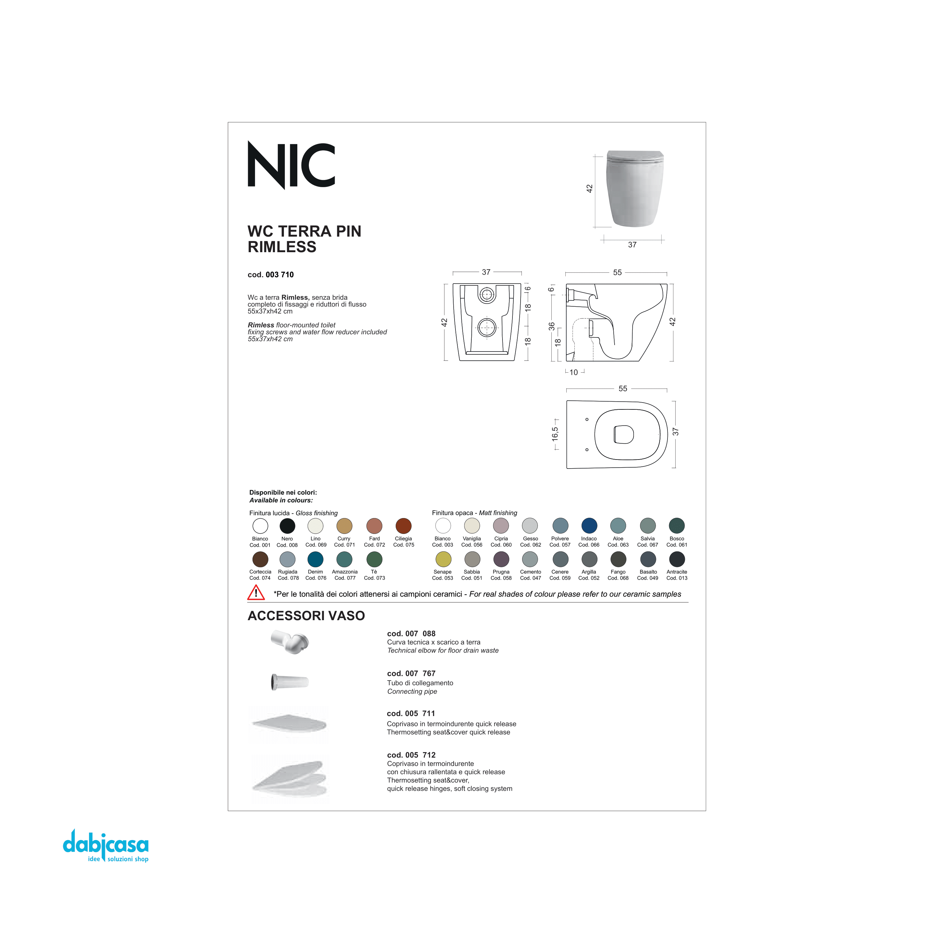 Nic Design "Pin" Wc Da Terra Filo Muro Senza Brida Bianco Opaco