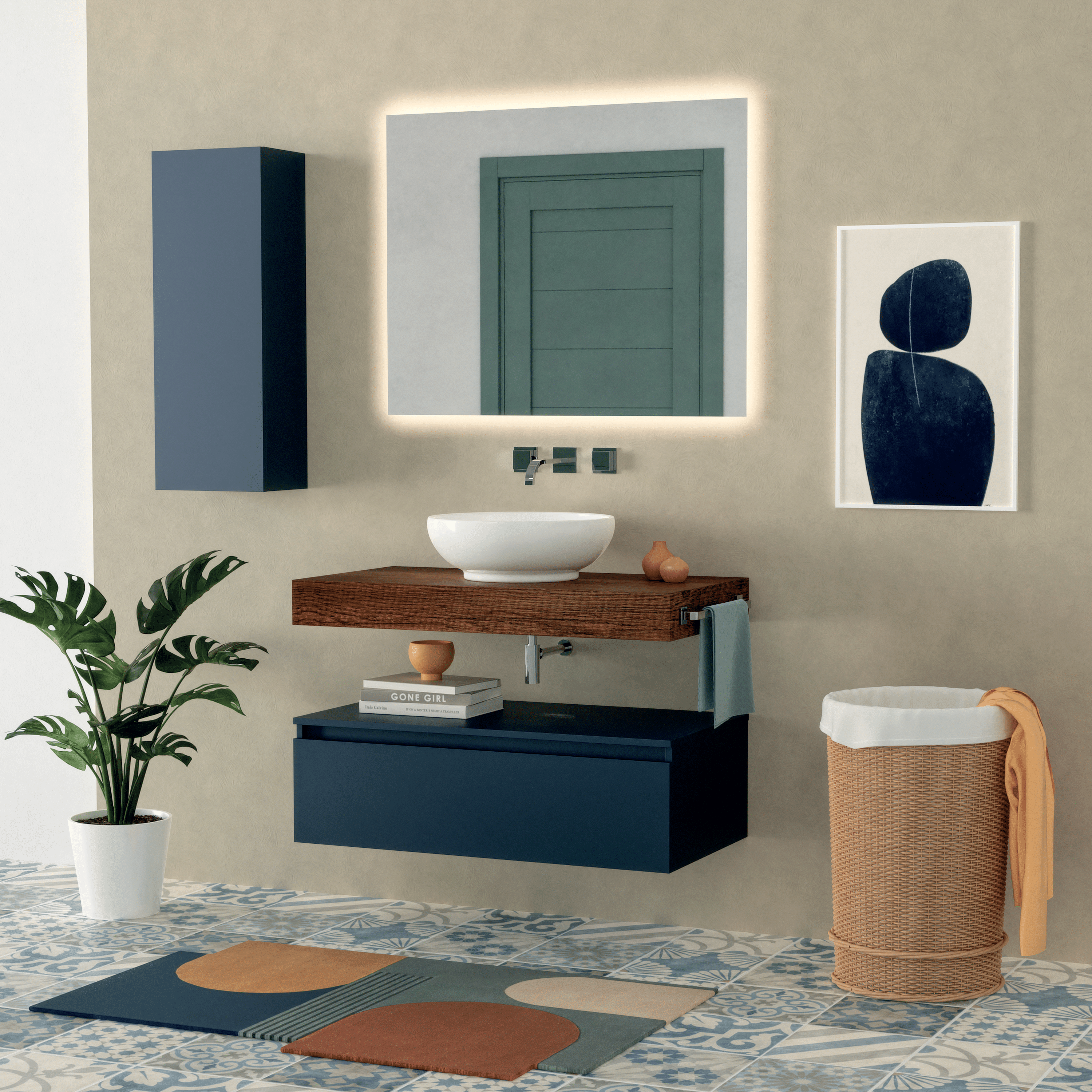 Mobile Bagno Sospeso 90 Cm Un Cassetto Mensolone Top Specchio Retroilluminato 90x70 Cm Esseci Arredo Bagno "Stefania"