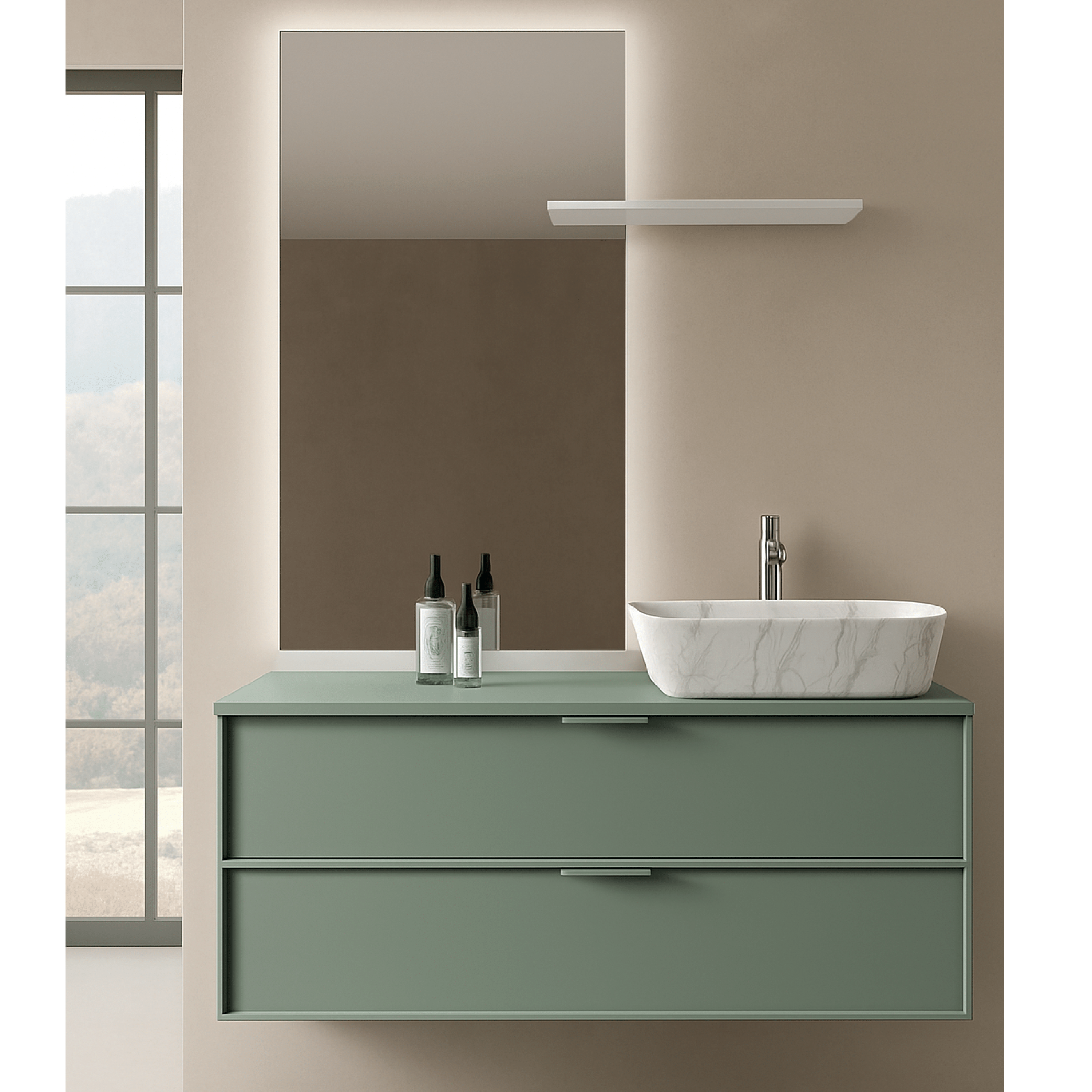 Mobile Bagno Sospeso 120 Cm Due Cassetti Specchio Retroilluminato Con Mensola 60x120 Cm ItalBagno "Venus 104"