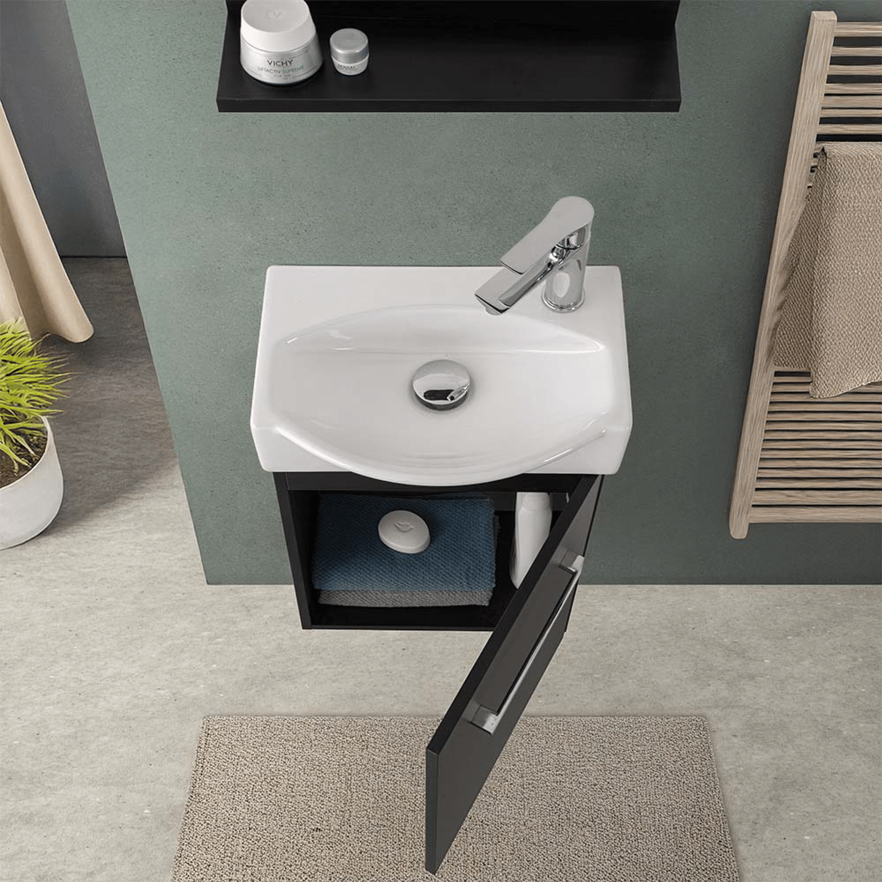 Mobile Bagno Sospeso 39 Cm Un'Anta Specchio Su Pannello Con Mensola 39x60 Cm Feridras "Elys" Nero