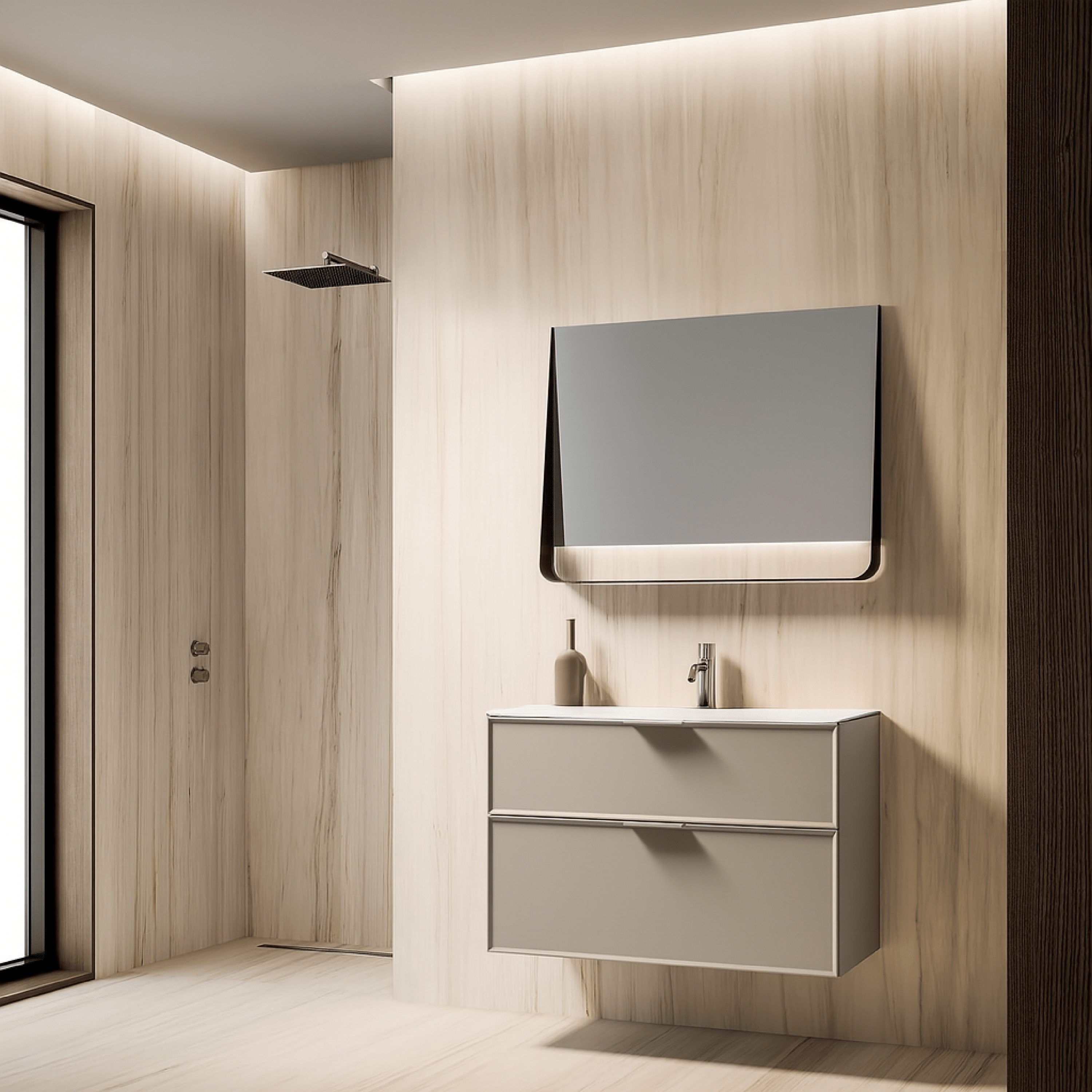 Mobile Bagno Sospeso 90 Cm Due Cassetti Specchio Con Mensola e Lampada Led 90x70 Cm ItalBagno "Venus 108"