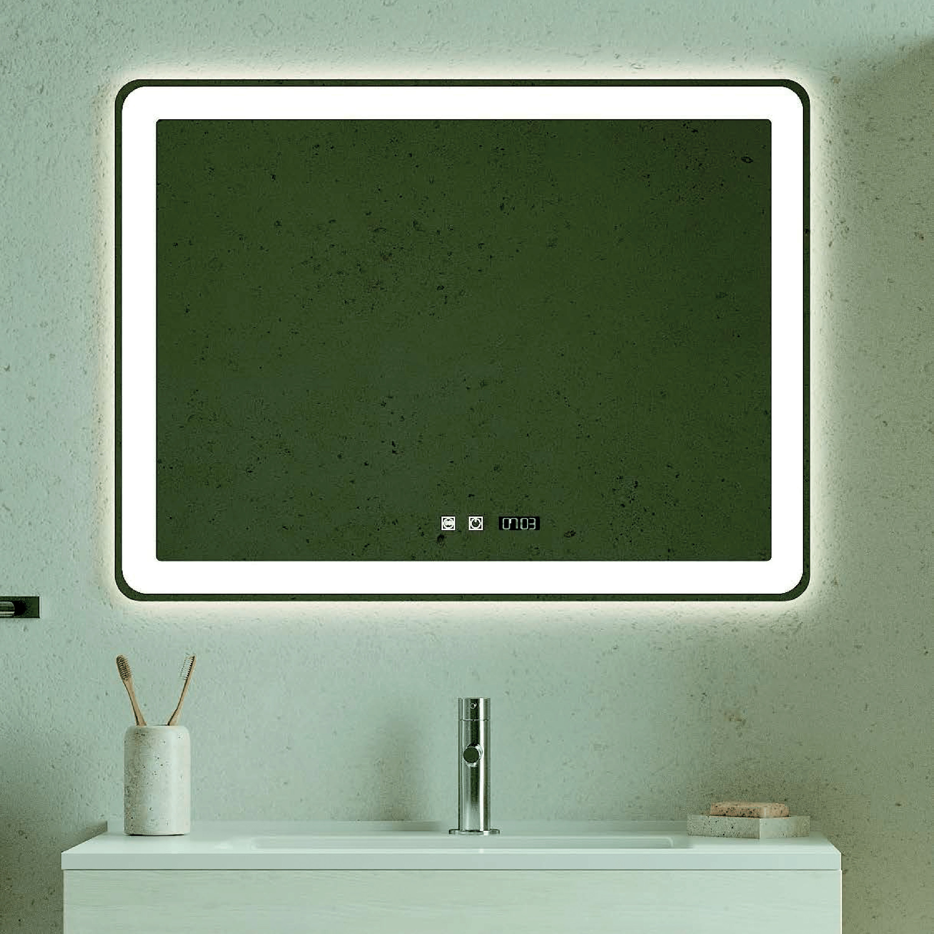 Specchio Rettangolare Illuminazione Frontale 120x75 Con Touch Accensione Display Con Orario e Connessione Bluetooth "Physis"