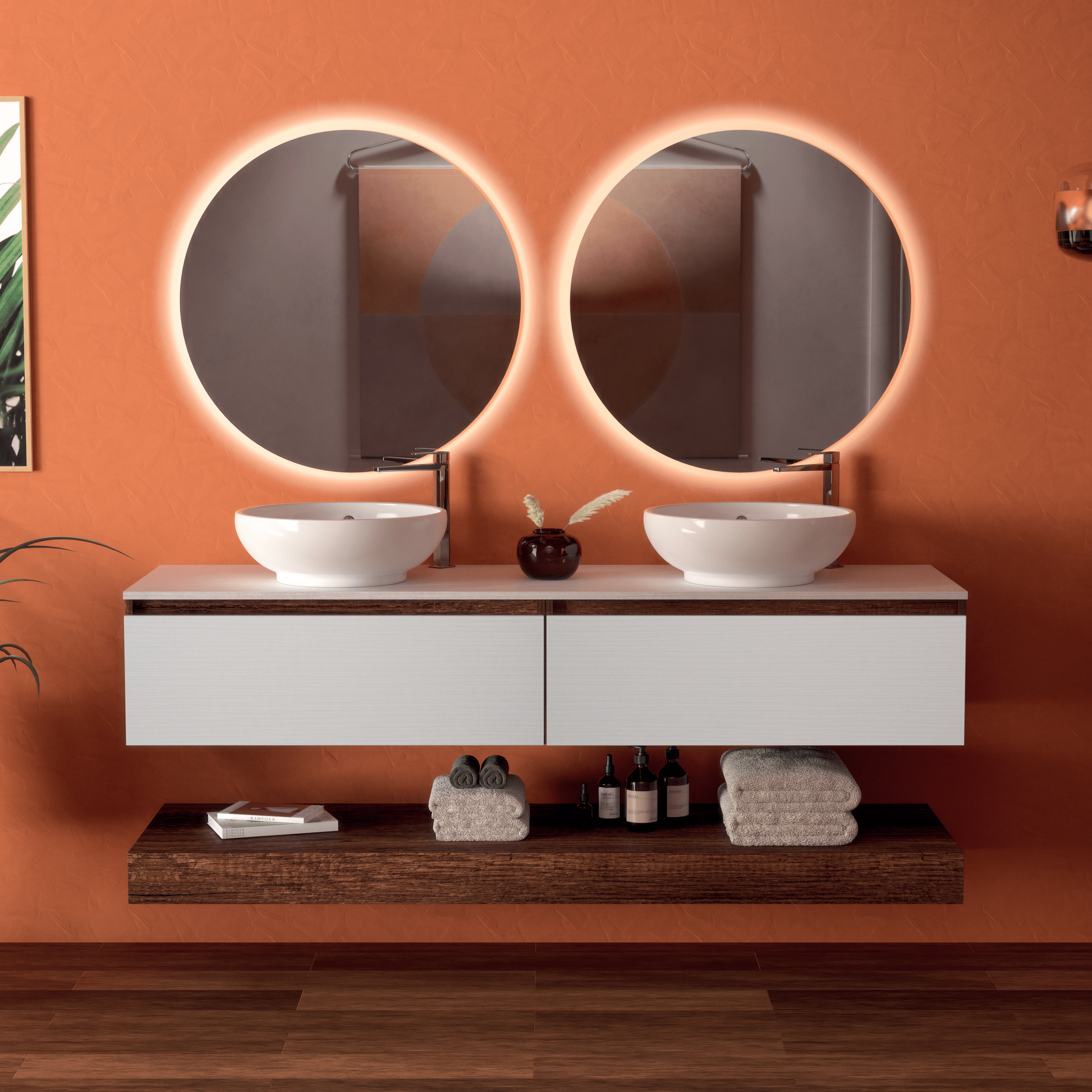 Mobile Bagno Sospeso 140 Cm Due Cassetti Specchi Retroilluminati Diametro 70 Cm Esseci Arredo Bagno "Formentera""