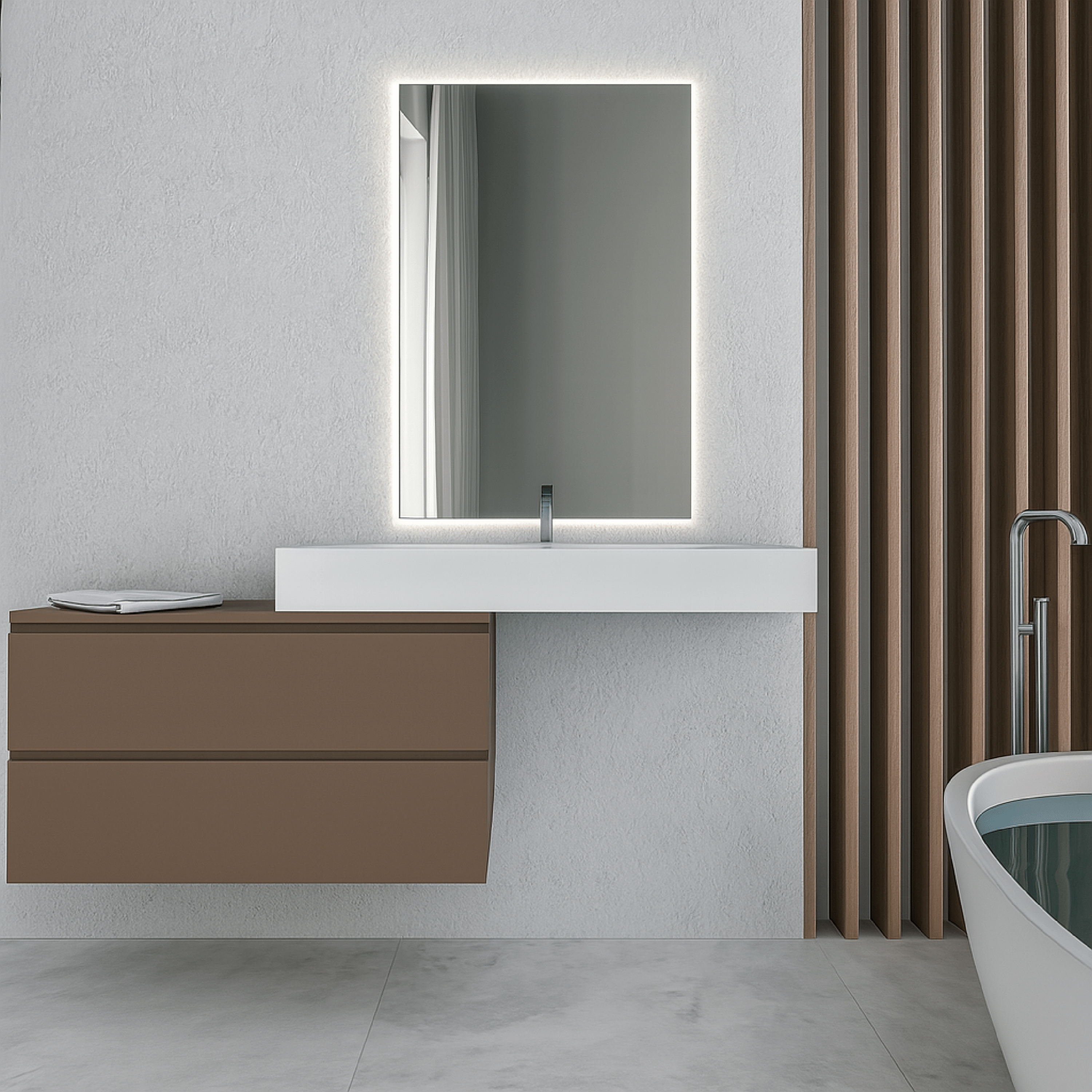 Mobile Bagno Sospeso Sfalsato 90 Cm Due Cassetti Specchio Retroilluminato 100x70 Cm Esseci Arredo Bagno "Otranto"