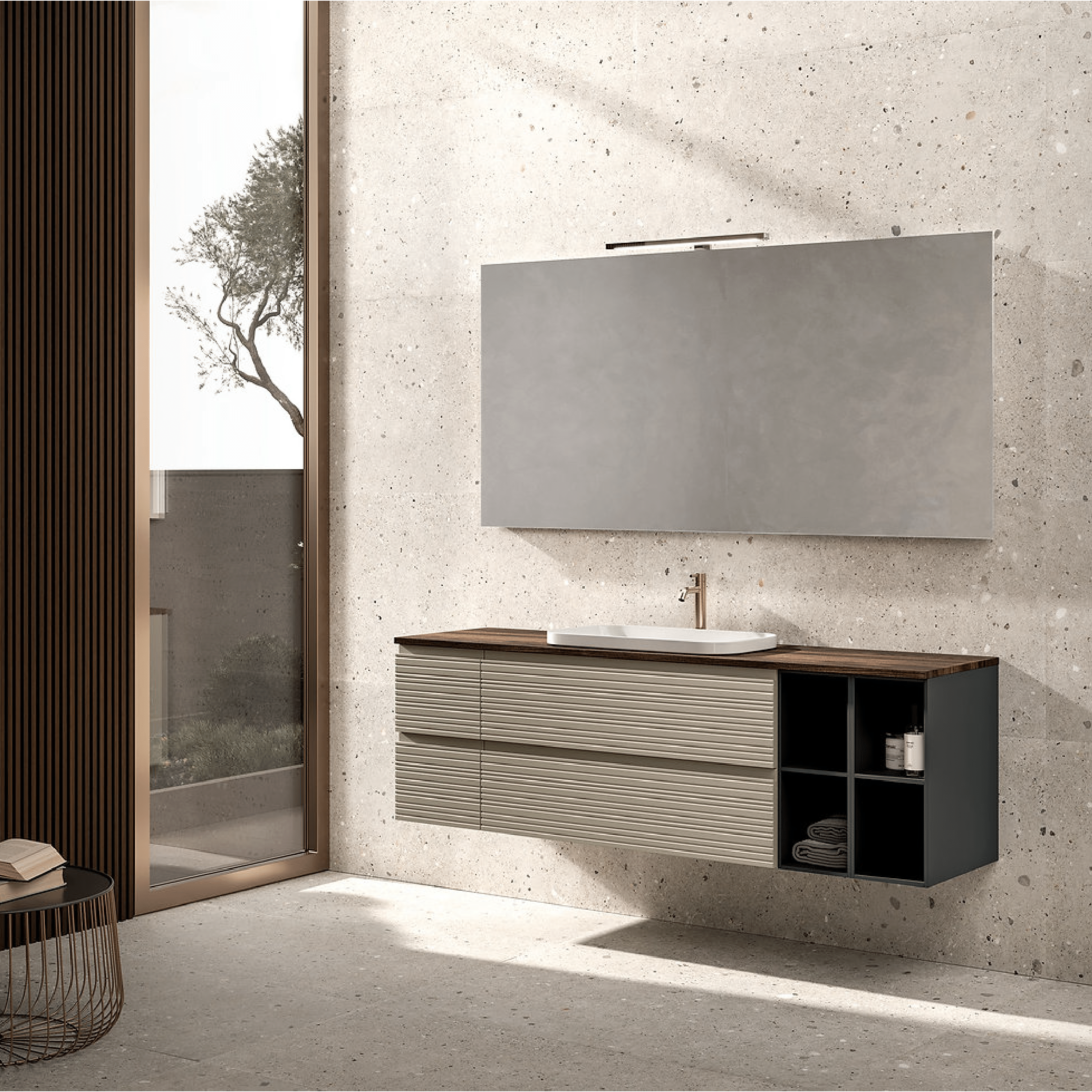 Mobile Bagno Sospeso 160 Cm Due Cassetti Con Vano a Giorno Specchio Con Lampada Led 60x160 Cm ItalBagno "Diamante 114"