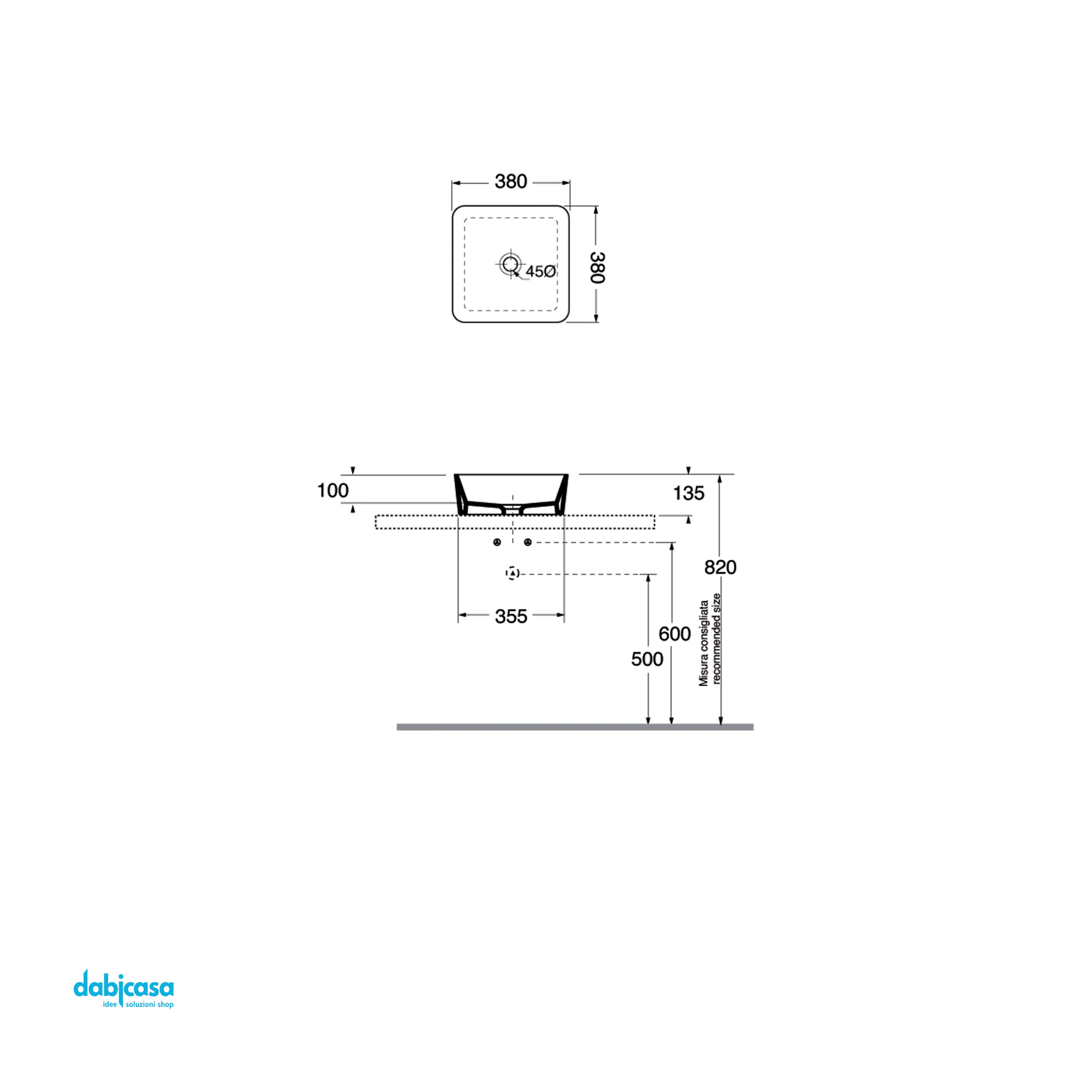 Lavabo Appoggio "Oasi" Quadro 38 cm